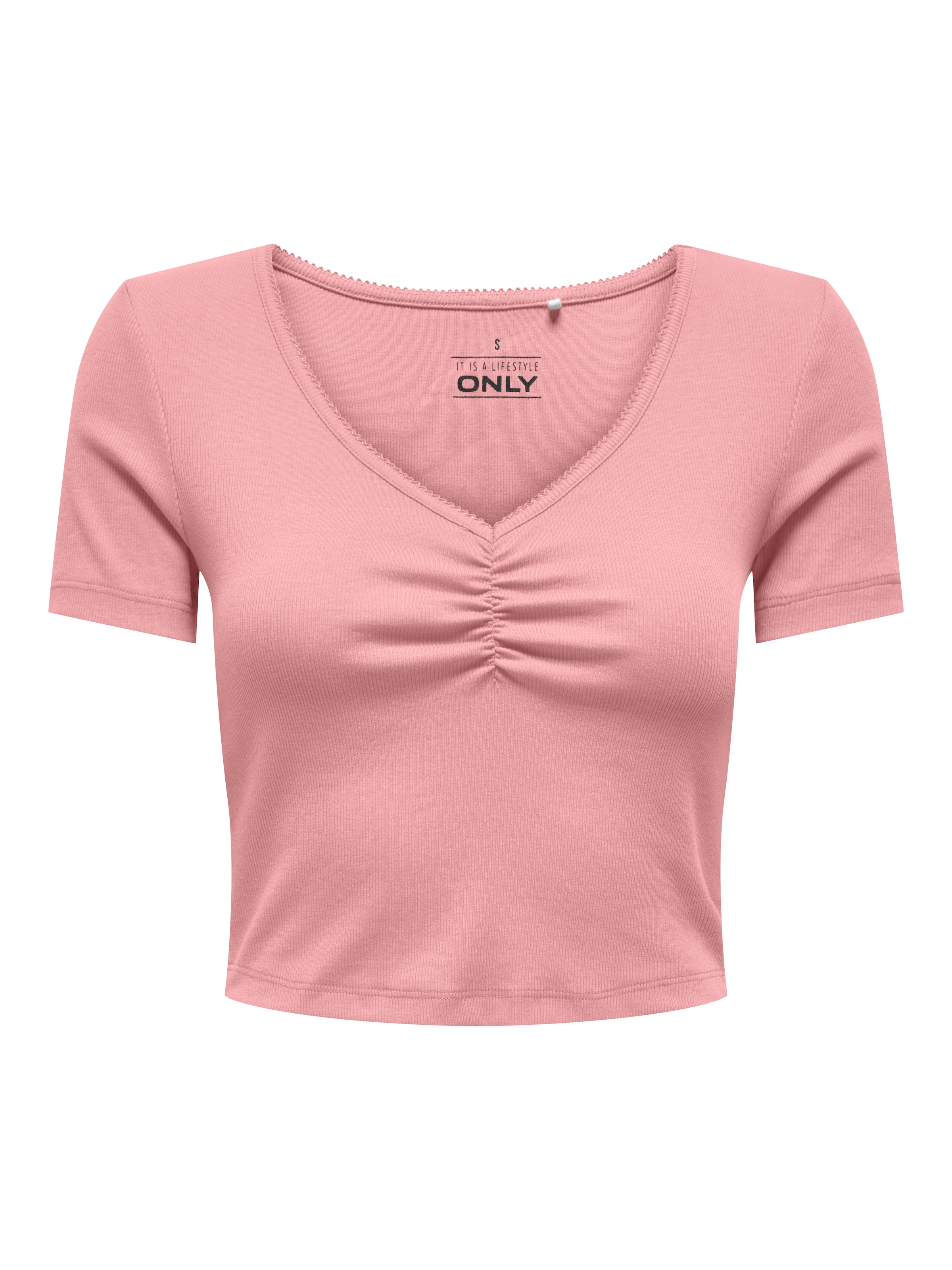 ONLY Kurzarmshirt »ONLBETTY LIFE S/S SCALLOP V-NECK CC JRS« mit Raffung am Ausschnitt