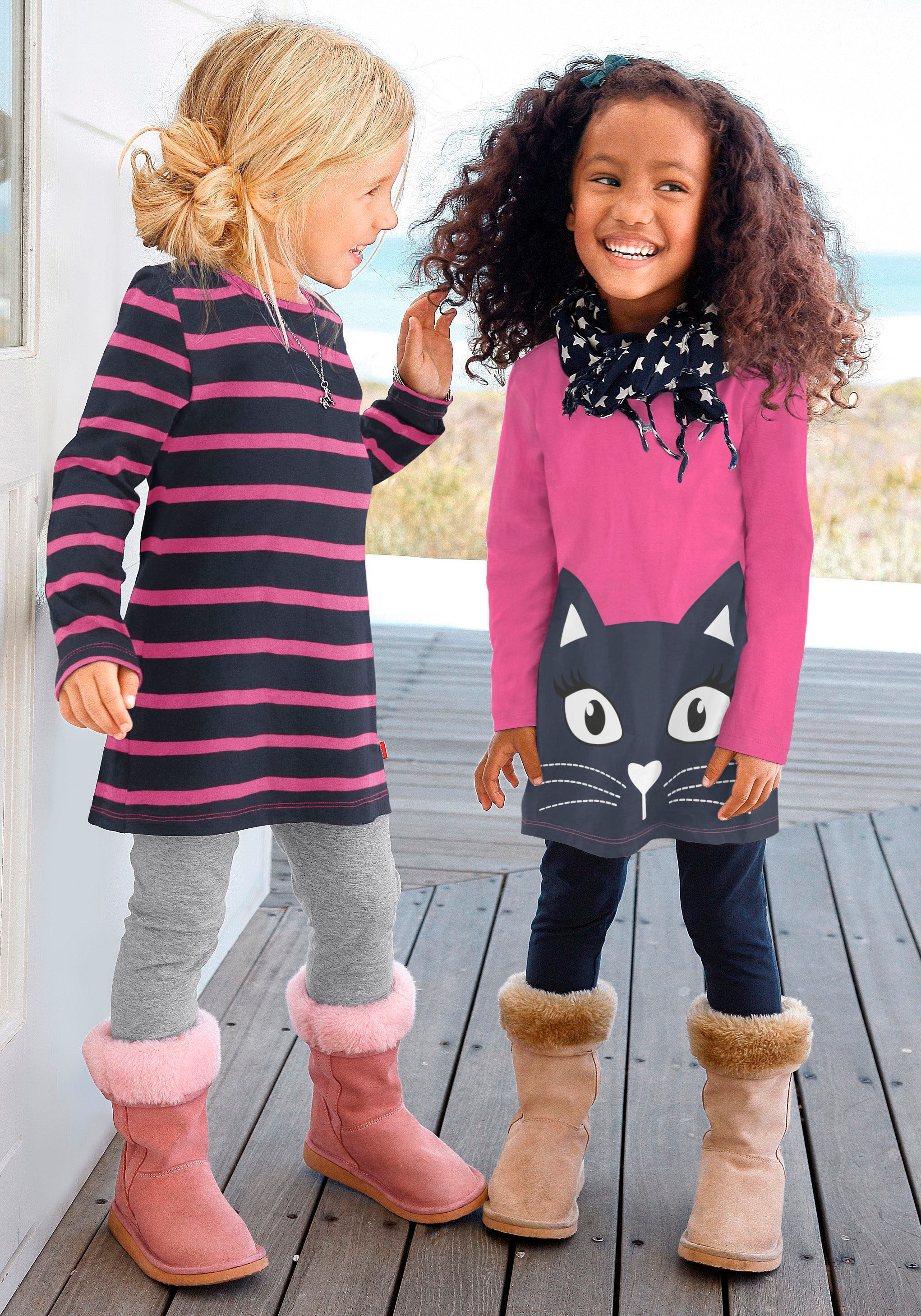 KIDSWORLD Longshirt, (2 2er-Pack), Print tlg., mit großem und Streifen ♕ schönen bei