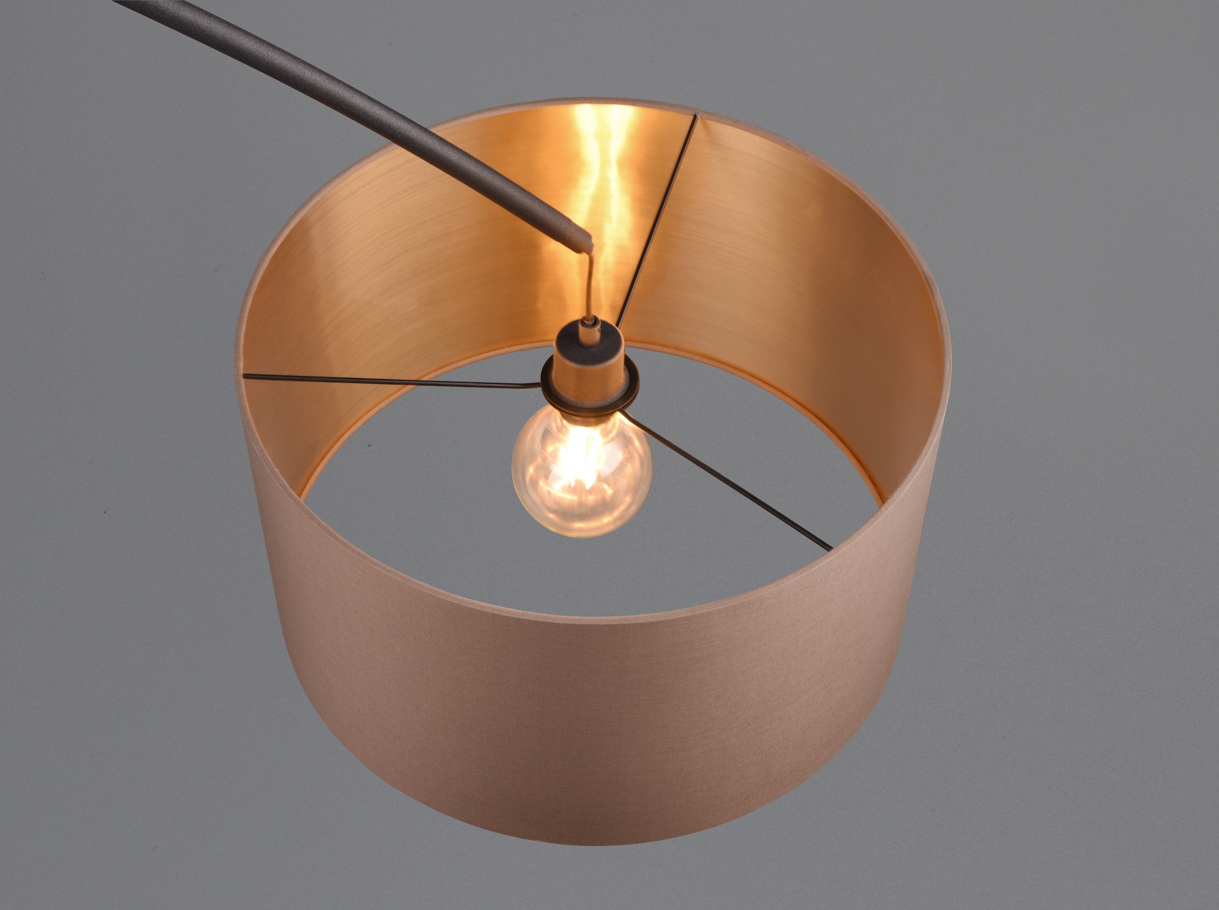 TRIO Leuchten Stehlampe »MANSUR, Bogenlampe mit Stoffschirm, exkl. 1x E27 max 60W, Fußschalter« E27 1 Stk. warmweiß - kaltweiß Bogenleuchte Wohnzimmer, Auslage 2m, Höhe 210cm, Schirm taupe/gold
