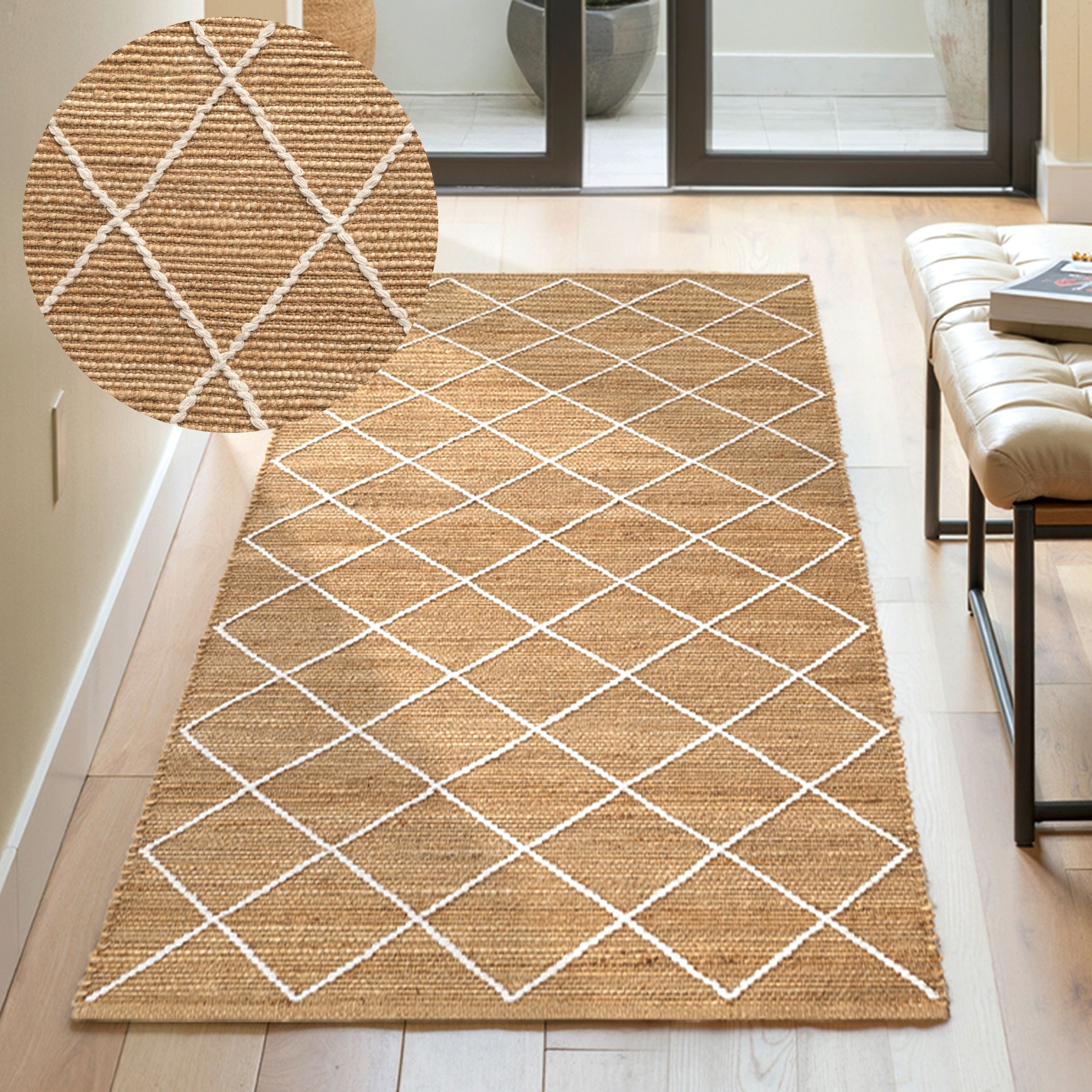 THE RUGS Kunu Jute Rug Handwoven Natural Diamond Design Durable & Stylish in Beige | Size: 80cm x 200cm
