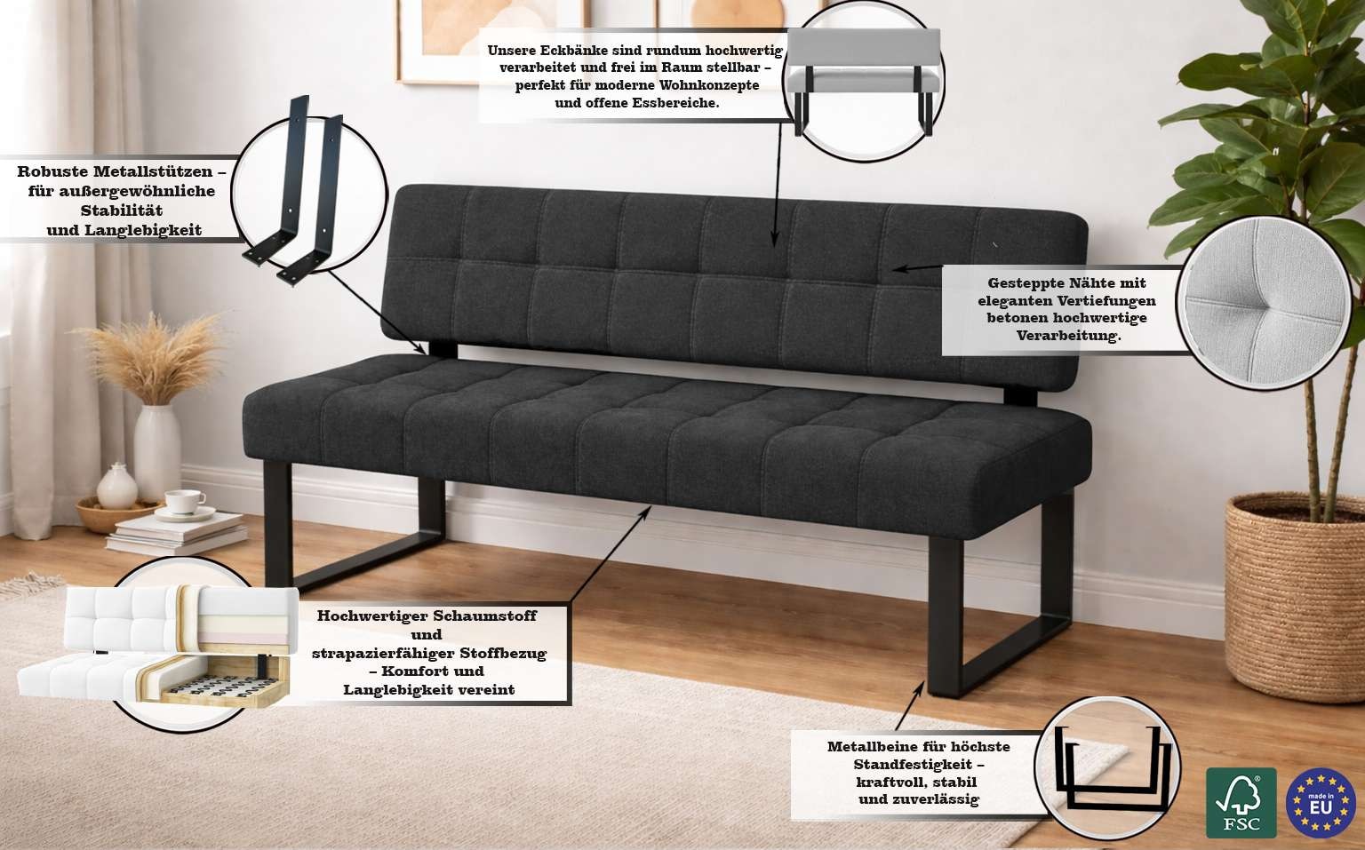 Home affaire Sitzbank »Mia Küchenbank, Polsterbank, Esszimmerbank, 141x64 cm« Moderne Bank und  Farben, Sitzplatzanzahl: 2-3, Frei in Raum stellbar