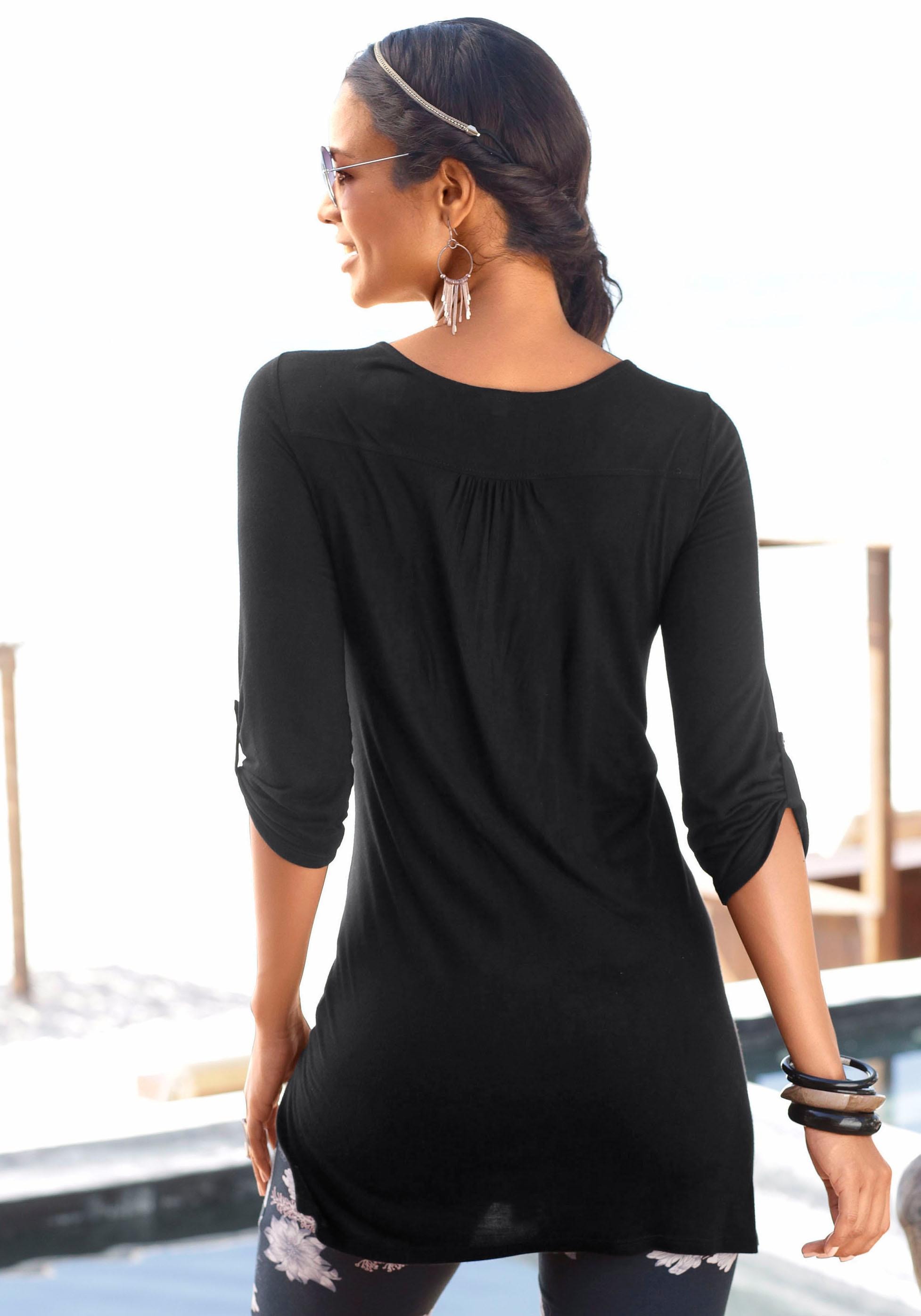 3/4-Armshirt, Ausschnitt, Passform bei am Spitzenkante mit lange LASCANA Longshirt,