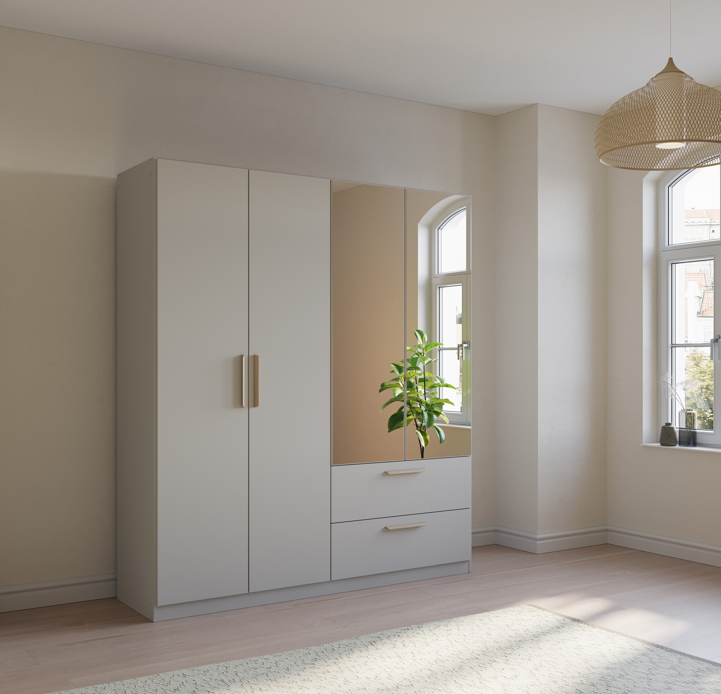 rauch Kleiderschrank »Drehtürenschrank Schrank Garderobe Ankleide SKANDI BY QUADRA SPIN« Breiten: 181/226/271 cm, Höhe 210 cm,  im Landhaus-Stil mit Massivholzgriffen, mit Schubladen und Spiegel