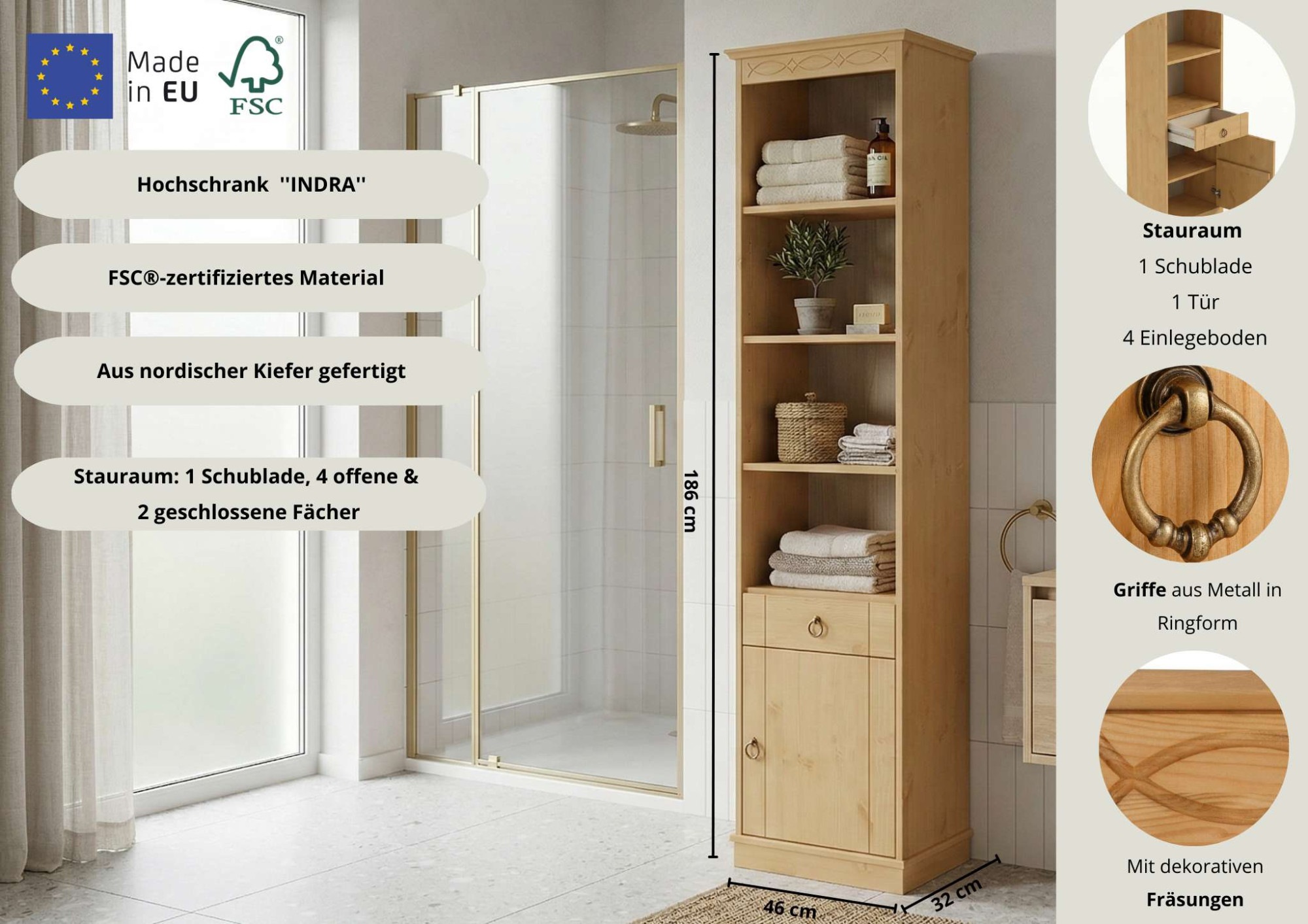 OTTO home Hochschrank »Indra, Badschrank, Badmöbel, Badezimmerschrank« B/T/H: 46/32/186 cm,  aus massiver Kiefer, mit Schublade, FSC®-zertifiziert