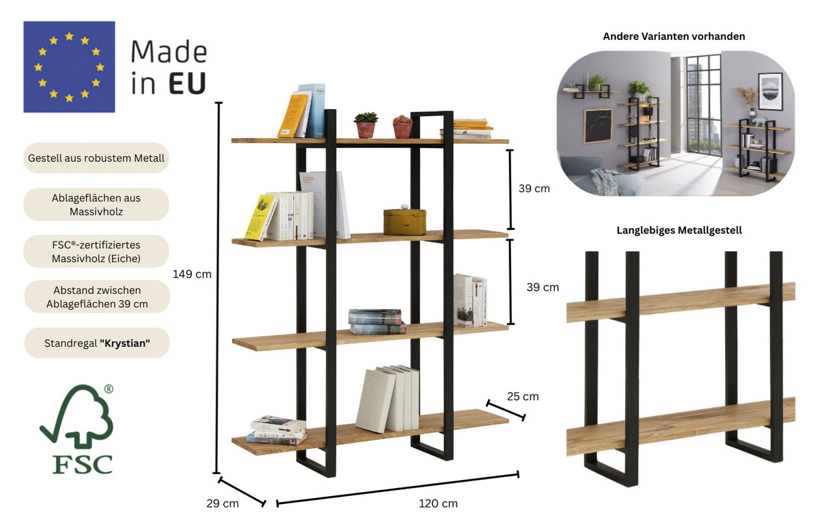 Home affaire Bücherregal »Krystian Regal« Gesamtmaße B/T/H: 120/29/149,  Raumteiler, Ablagen aus Eichenholz, Gestell aus robustem Metall