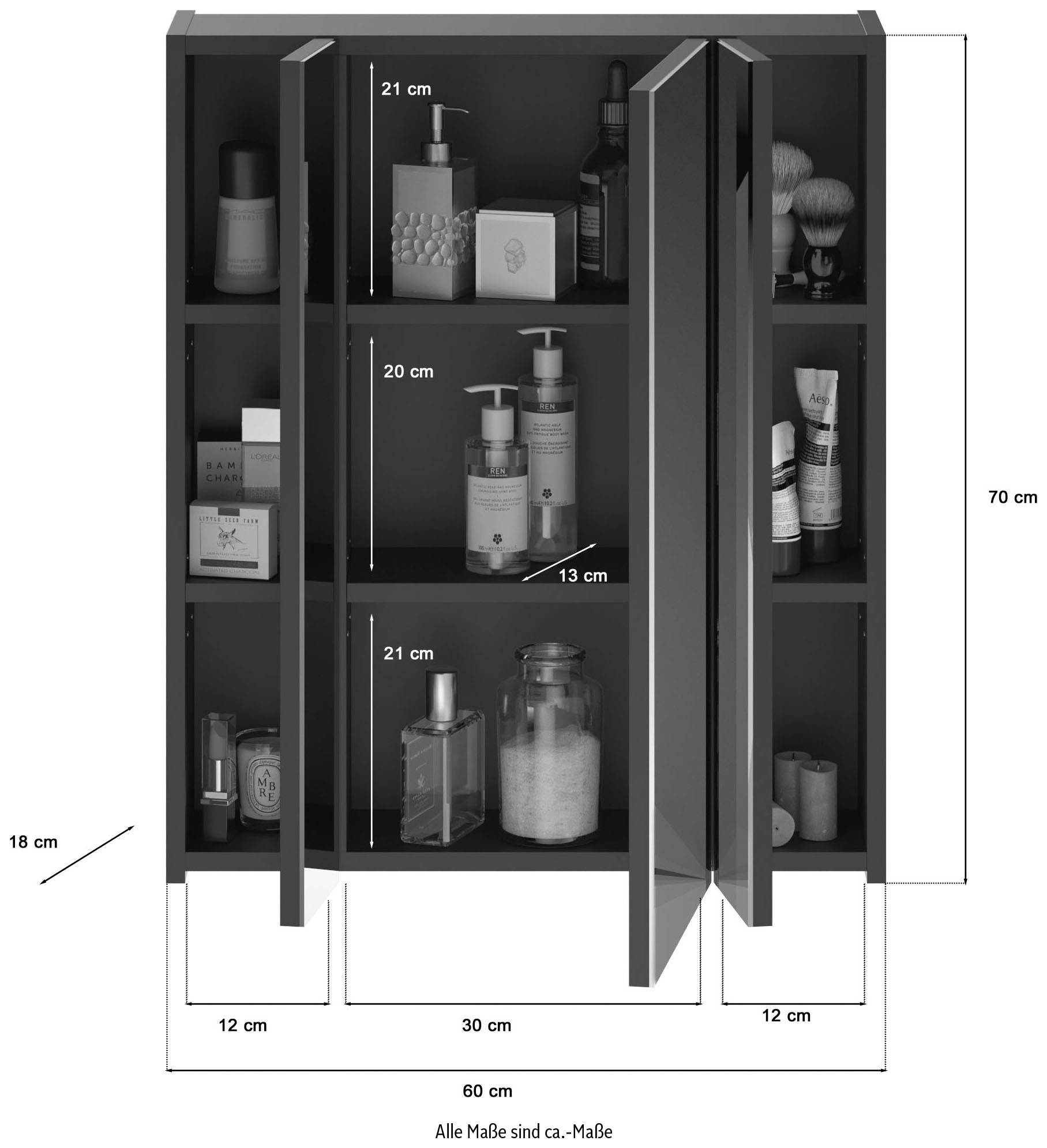INOSIGN Badezimmerspiegelschrank »Malmö, Breite 60 cm, inkl. LED Beleuchtung, 3 Spiegeltüren, 9 Fächer«, in verschiedenen Farben erhältlich, Badmöbel, Spiegel, Badschrank, Bad