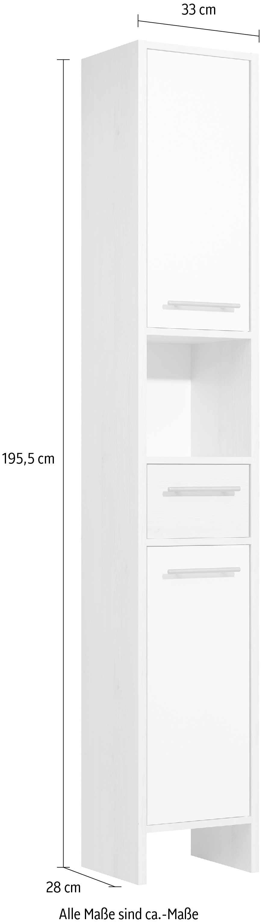Saphir Hochschrank »Quickset 350 Badschrank 33 cm breit, 2 Türen, 1 Schublade, 1 Nische« 1 Stk. tlg. Badezimmer-Hochschrank, Pinie Ida hell, Griffe alufarbig