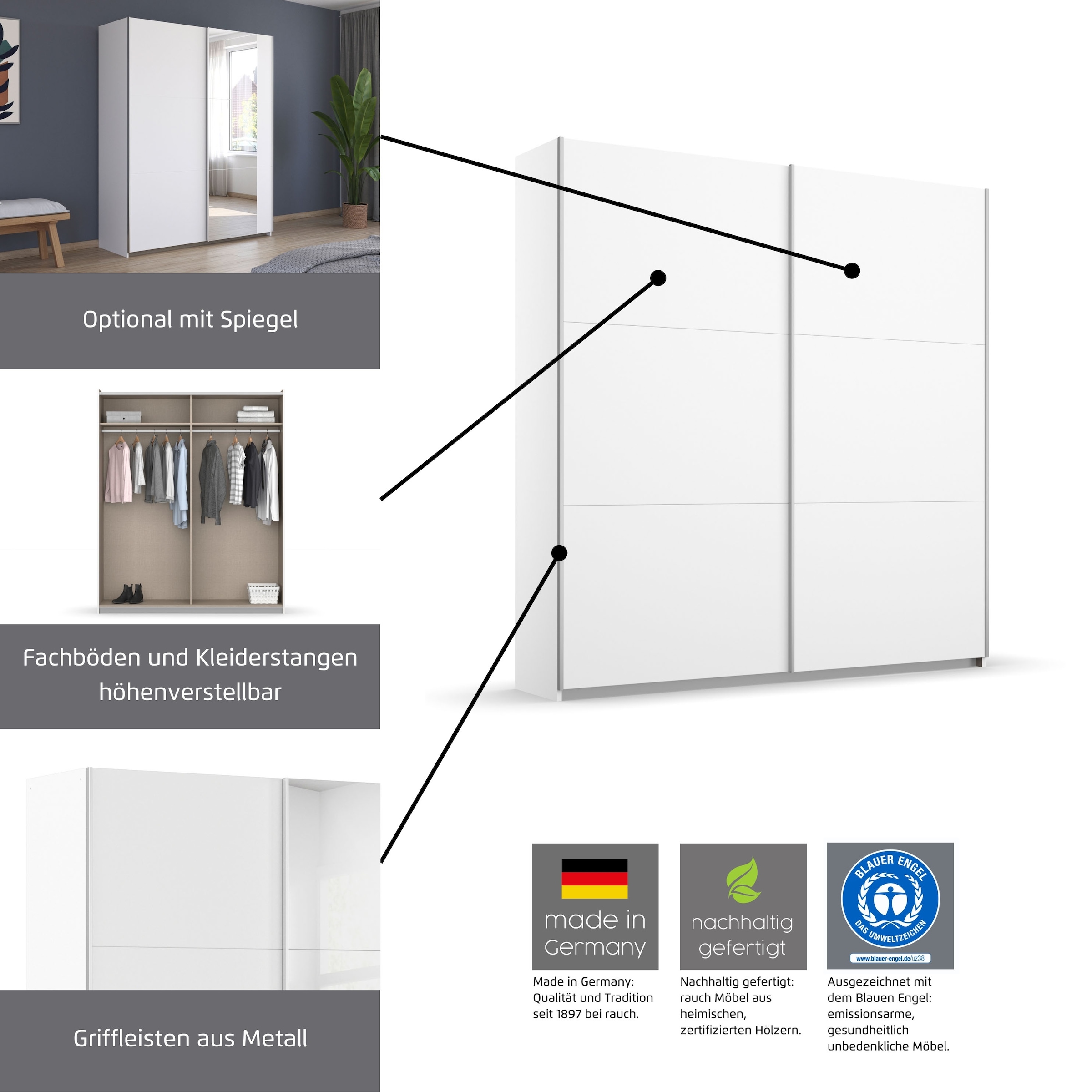 rauch Schwebetürenschrank »AURELIO Kleiderschrank Garderobe TOPSELLER OTTO´s CHOICE«, 3 verschiedene Ausstattungsvarianten Griffe aus Metall MADE IN GERMANY