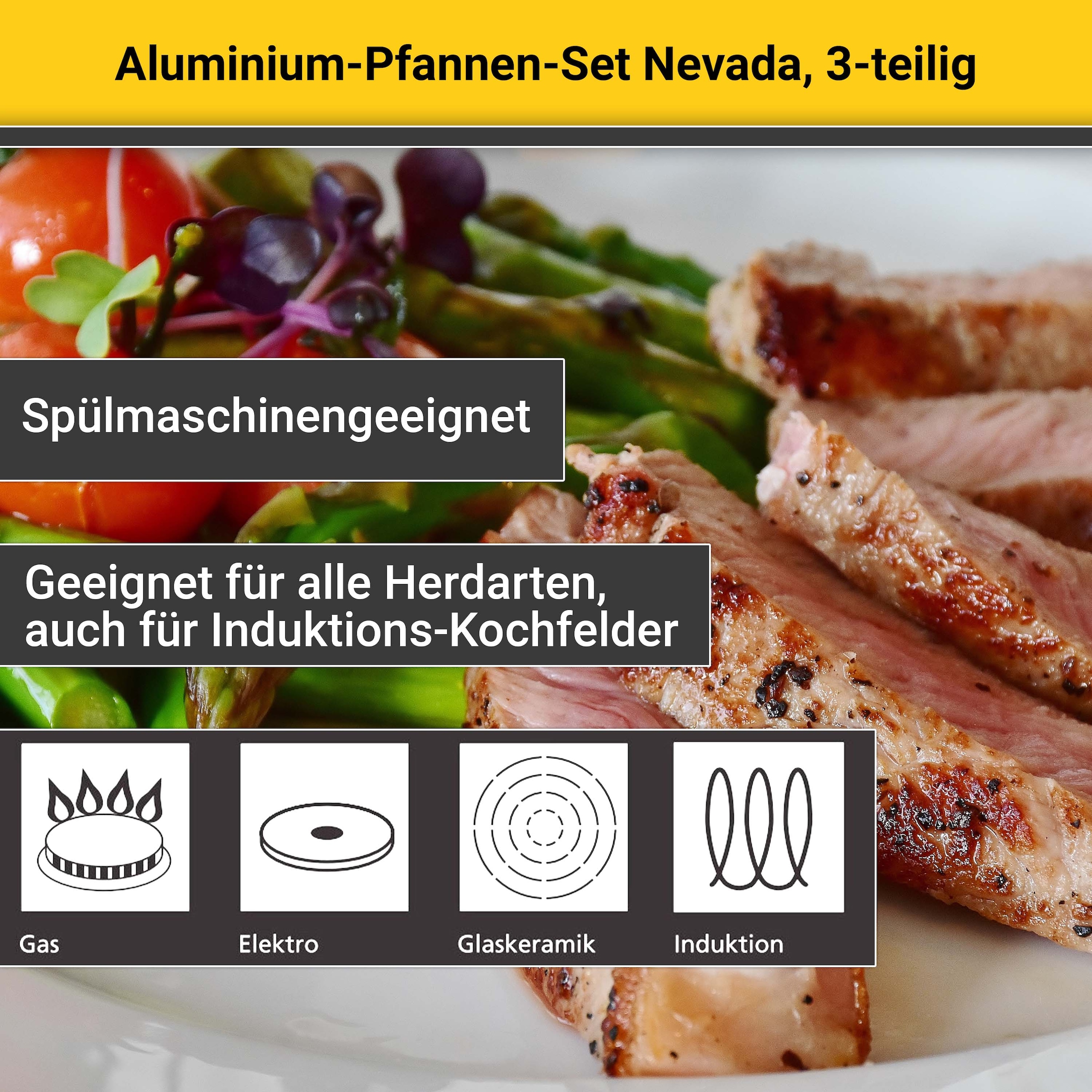 Krüger Pfannen-Set »Nevada« Aluminium Set, 3 Stk. tlg. Soft-Touch-Griff, Ø 20/24/28 cm, Induktion
