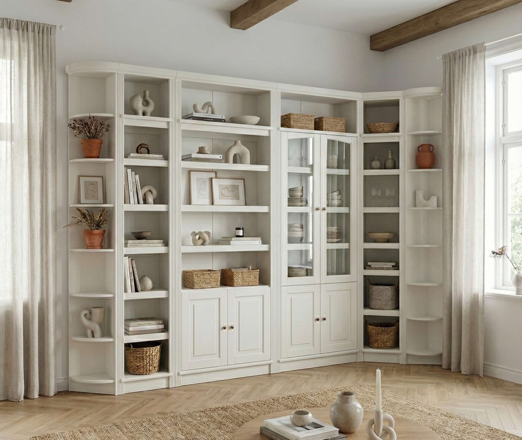 OTTO home Vitrine »Soeren Regal mit 2 Glastüren und 2 Holztüren, B/TH: 80/29/220 cm« Kiefer FSC®-zertifiziert, 1 offenes Fach, 6 Fächer hinter den Türen