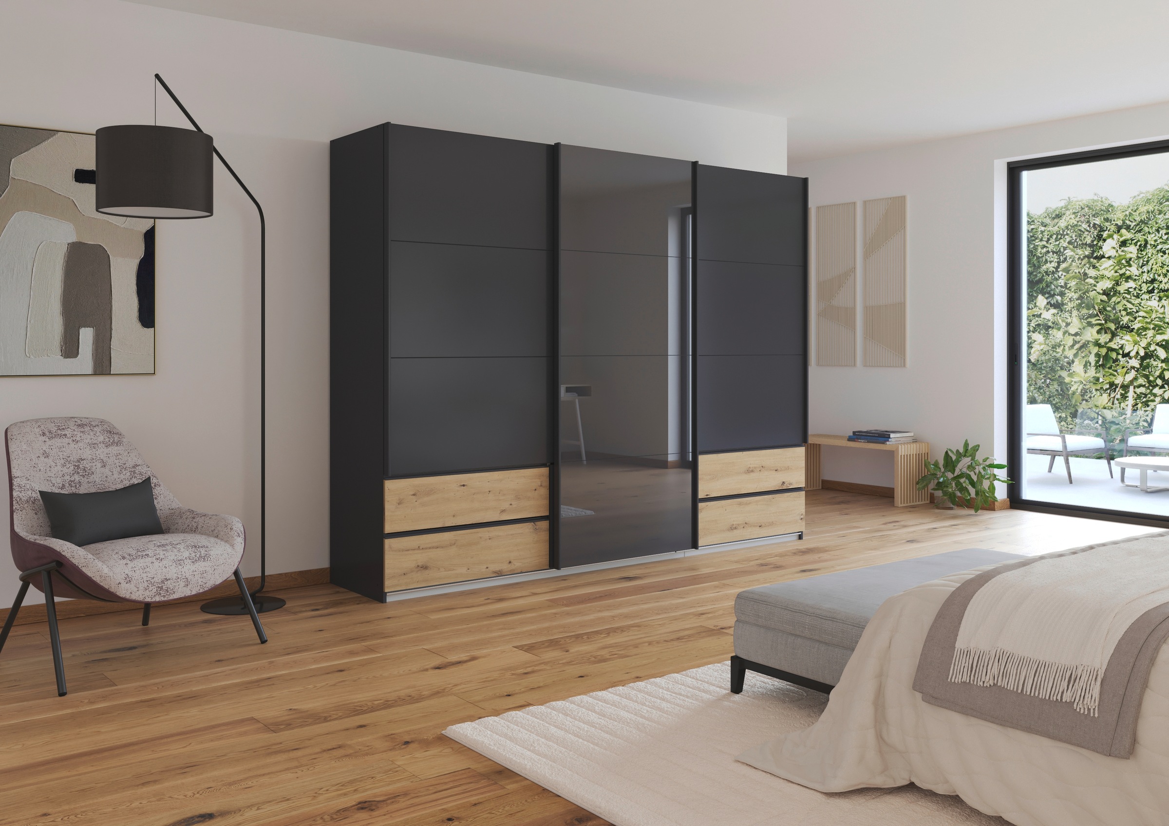 rauch Schwebetürenschrank »Kleiderschrank Schrank Garderobe ELARA Glastür/Grauspiegel«, praktische Schubladen optional farblich abgesetzt MADE IN GERMANY