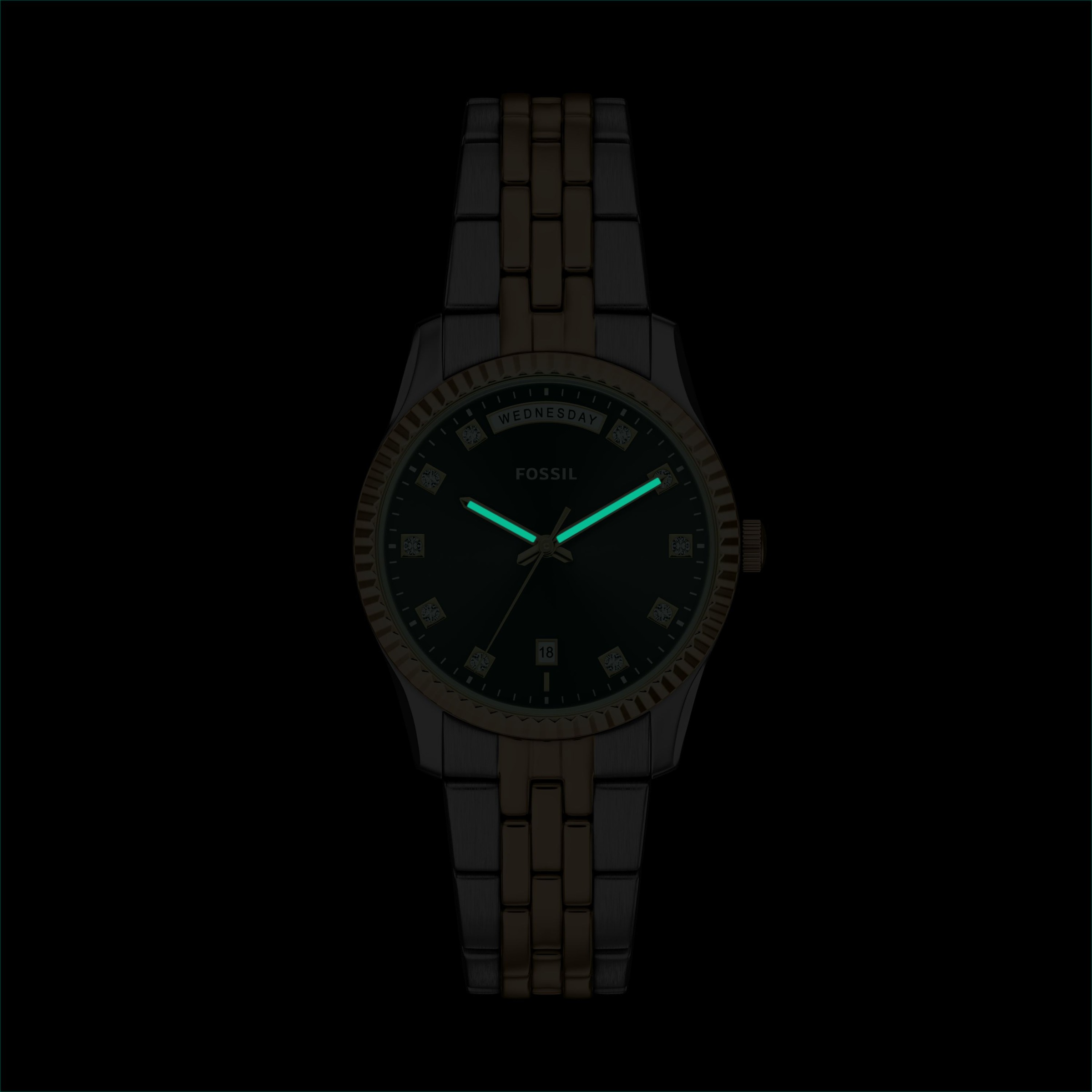 Fossil Quarzuhr »Scarlette« Armbanduhr, Damenuhr, Edelstahlarmband, analog, Tag, Wochentag