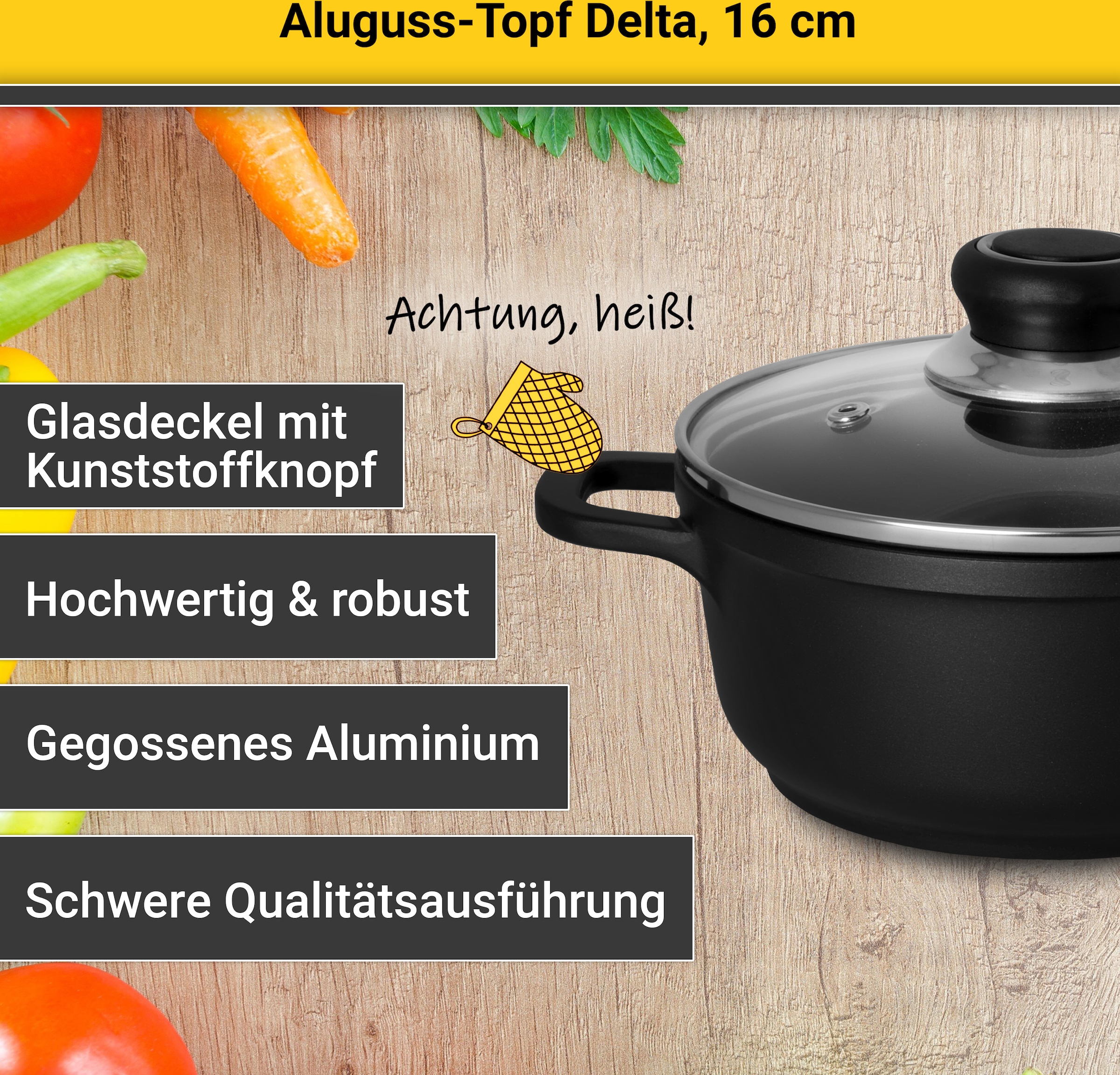 Krüger Fleischtopf »Aluguss Fleischtopf mit Glasdeckel DELTA«, Aluminiumguss, (1 tlg.), für Induktions-Kochfelder geeignet