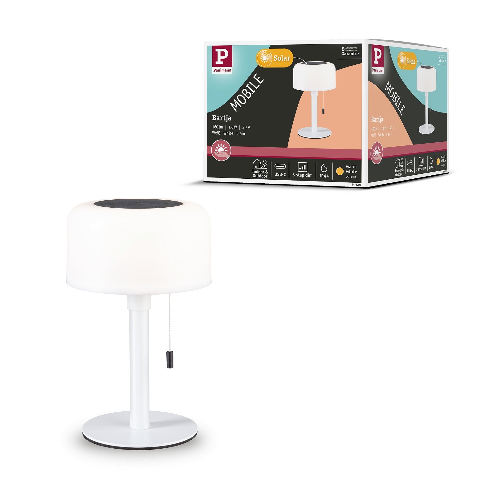 Paulmann LED Außen-Tischleuchte »Mobile Solar Bartja IP44 2700K USB-C Akku«, 1 flammig
