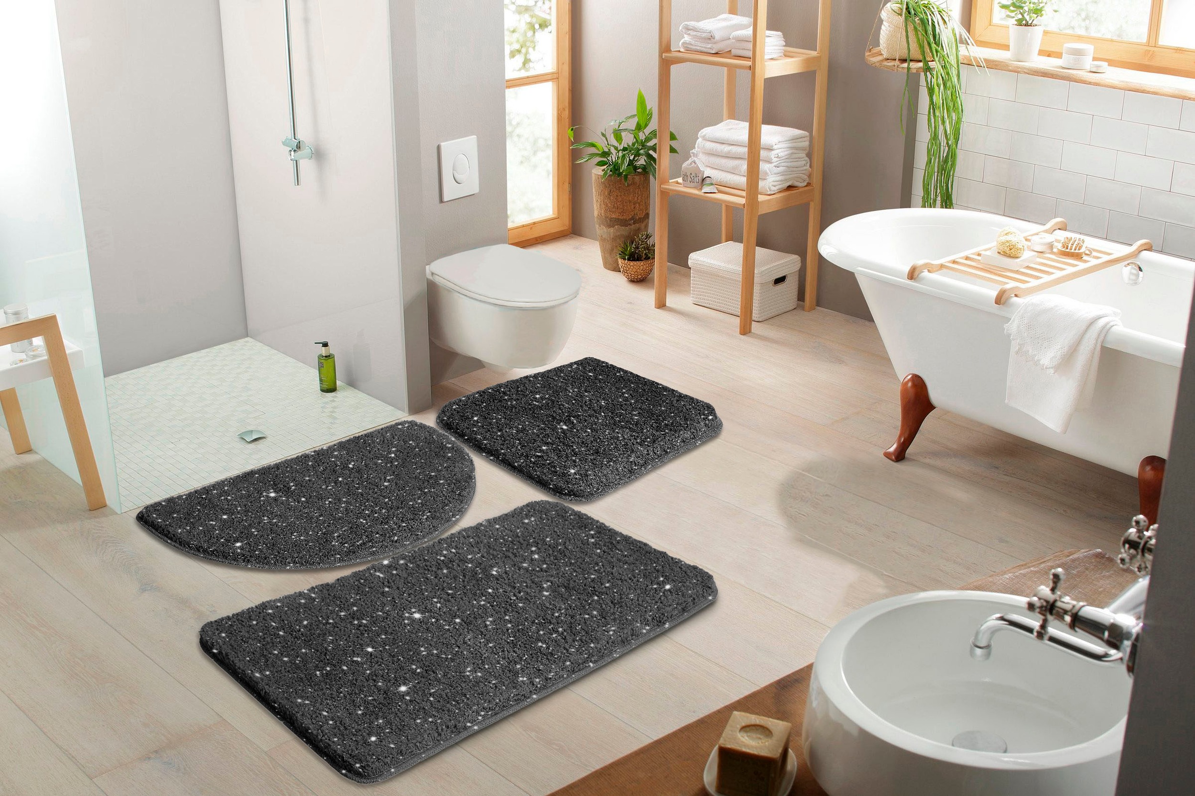my home Badematte »Glitzer, Badvorleger, Badezimmer Teppich«, rutschhemmend beschichtet, fußbodenheizungsgeeignet-schnell trocknend-strapazierfähig, Badteppich, Akzente durch Glitzer-Garn