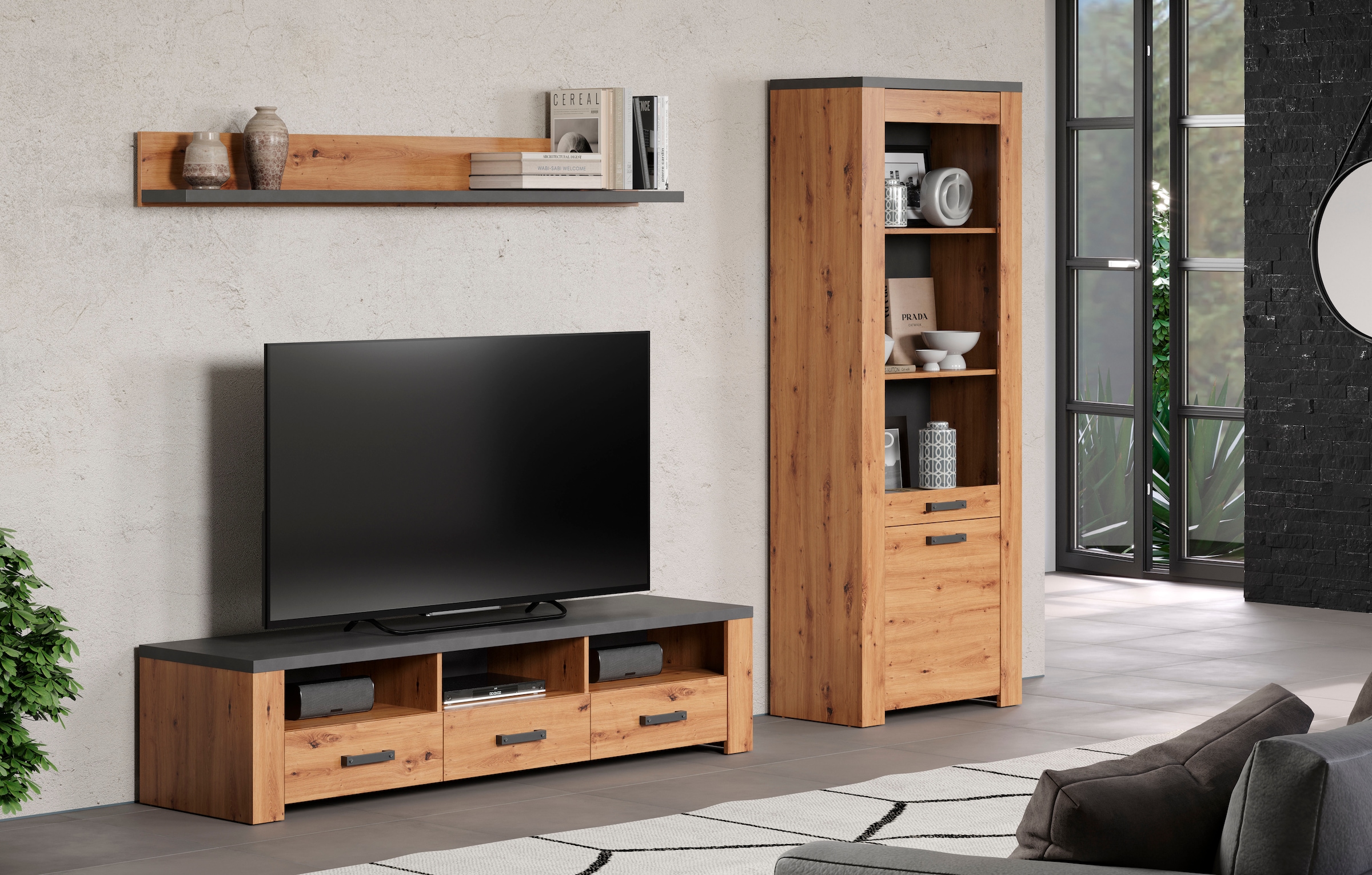 Home affaire TV-Wand »Ambres«, (3 St.), Kleines, modernes TV-SET, Echtholzoptik, Breite ca. 268 cm, matt