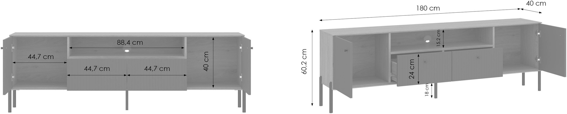 OTTO home Lowboard Lowboard, Breite 180 cm, mit geriffelten Fronten, auf Metallfüßen
