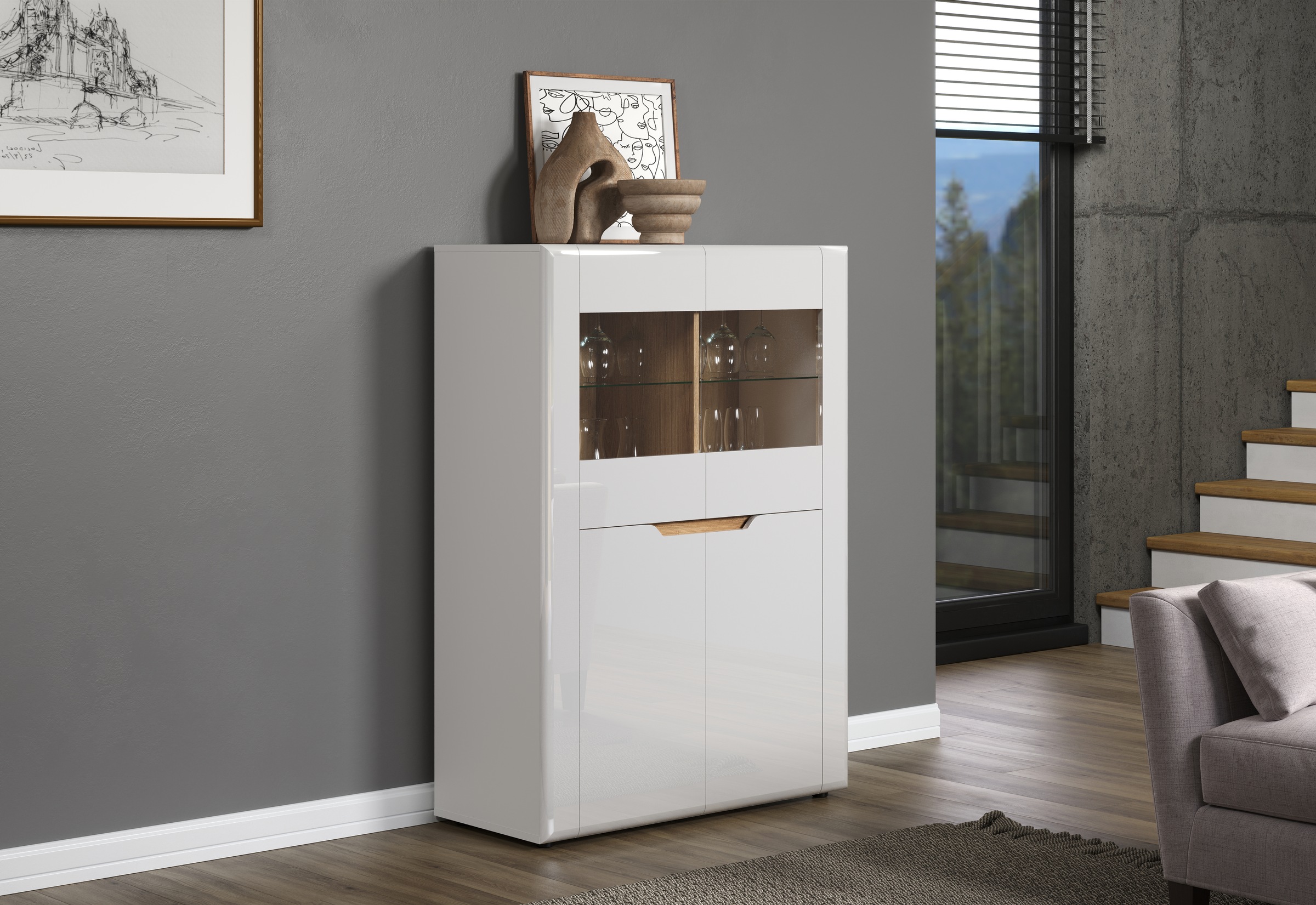 INOSIGN Vitrine »Graz Highboard mit Glastüren«, (Packung, 1 St.), Grifflos, Breite 96 cm, Höhe 132 cm