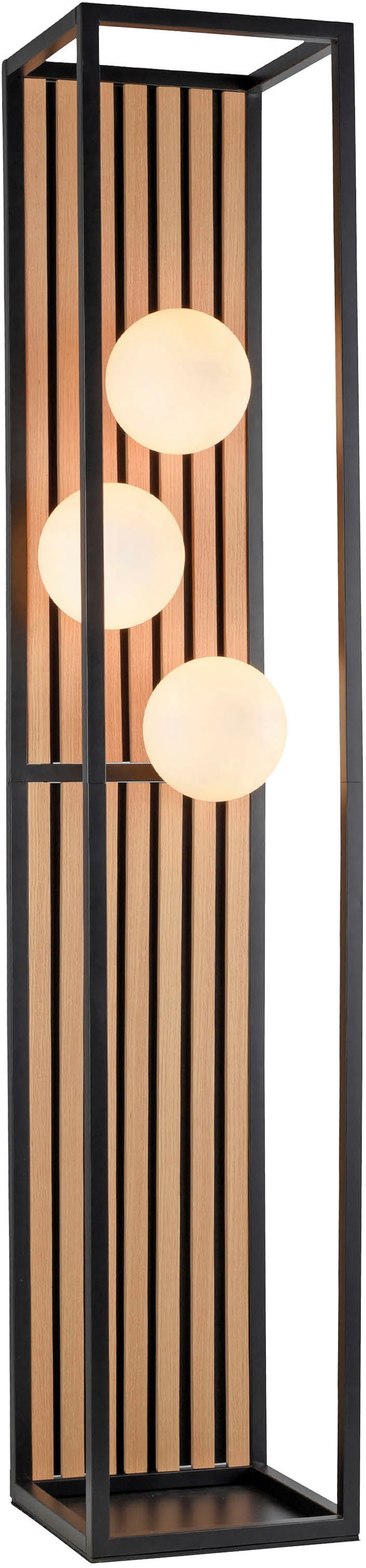 my home Stehlampe »Erinette Akustikpaneele mit Glaskugeln« E14 Warmweiß Holz, Akustik, Paneele, Glas, opal matt weiß, Stehleuchte, Fußschalter