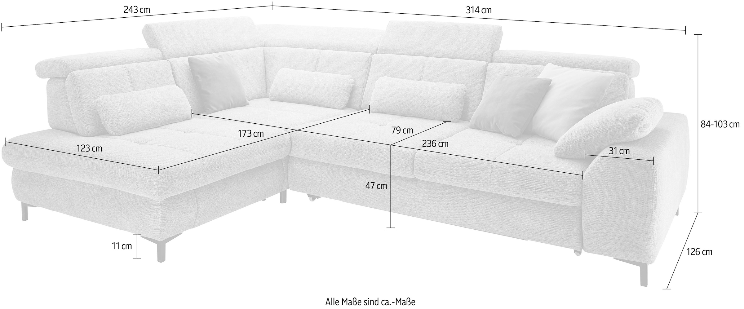 set one by Musterring Ecksofa »SO 3400, Komfortsitzhöhe 47cm oder 49cm, inkl. Sitztiefenverstellung«, verschiedene Funktionen, Kaltschaumpolsterung, Stellmaße 220 x 317 cm