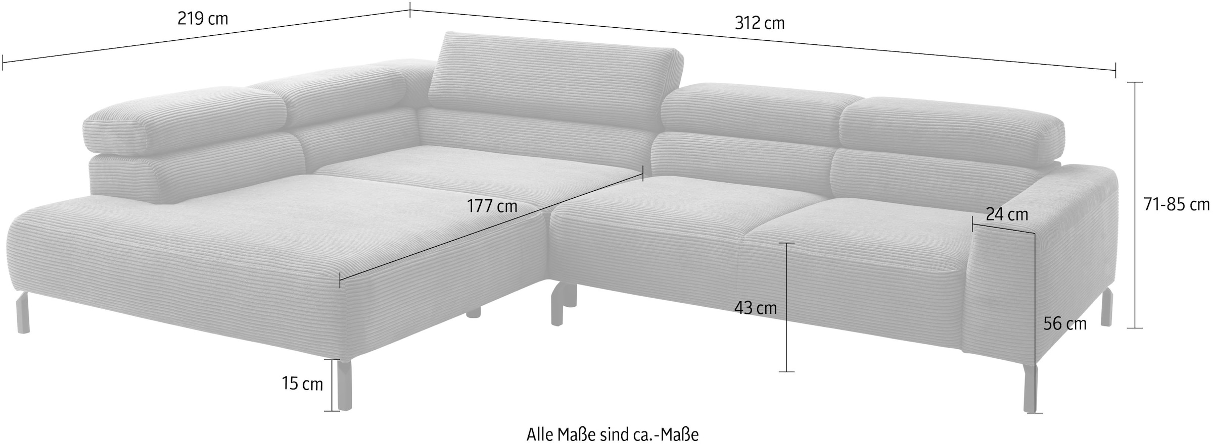 Places of Style Ecksofa »Antonelli, L-Form, inkl. Kopfteilverstellung, Breite 312 cm«, ohne Sitztiefenverstellung, in Cord, weiß
