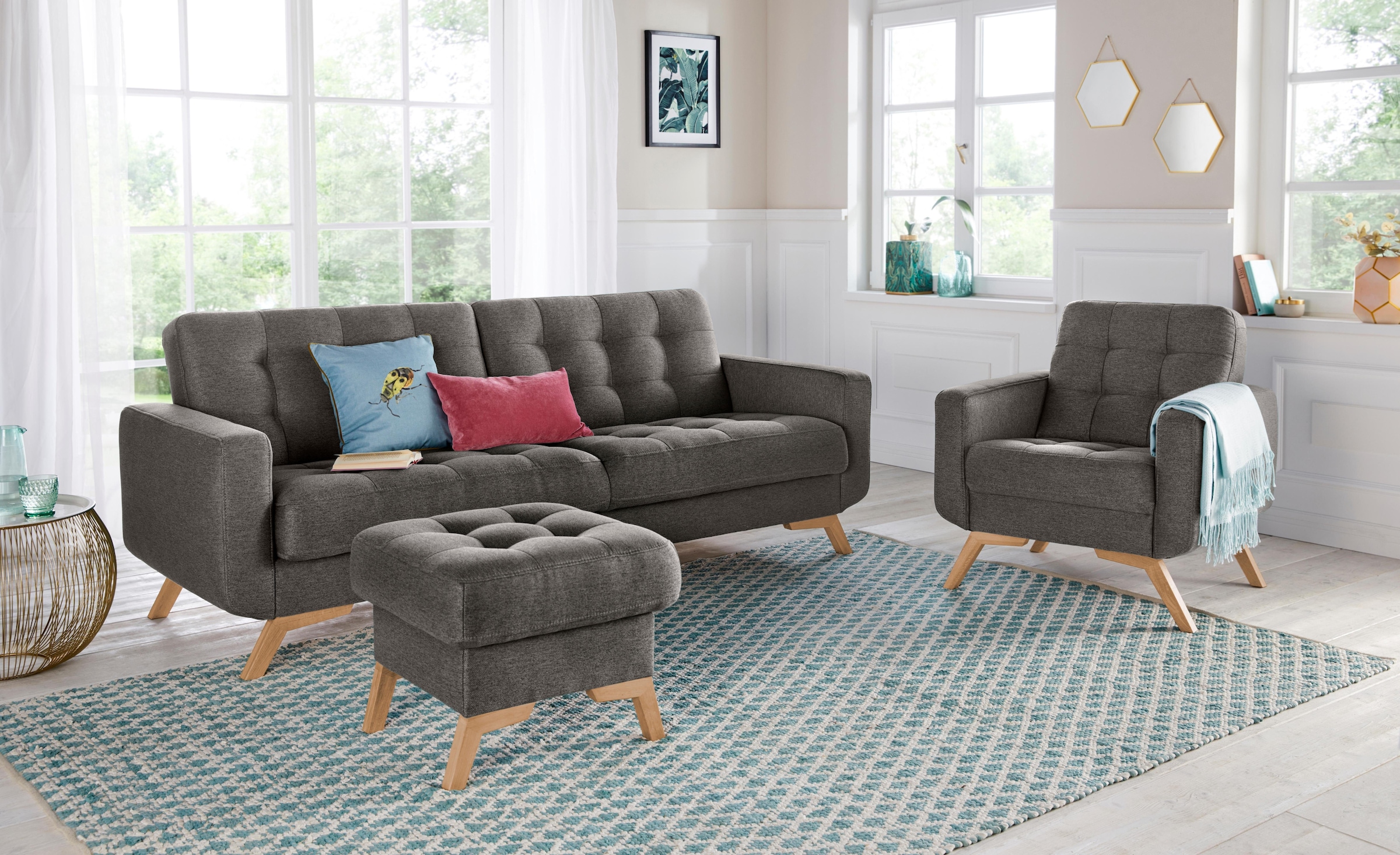 exxpo - sofa fashion 3-Sitzer »Fiord, aktuelles Design, tolle Detailverarbeitung im Sitz und Rücken«, bequem, wahlweise Kippcouch mit Bettfunktion und Bettkasten, Holzfuß