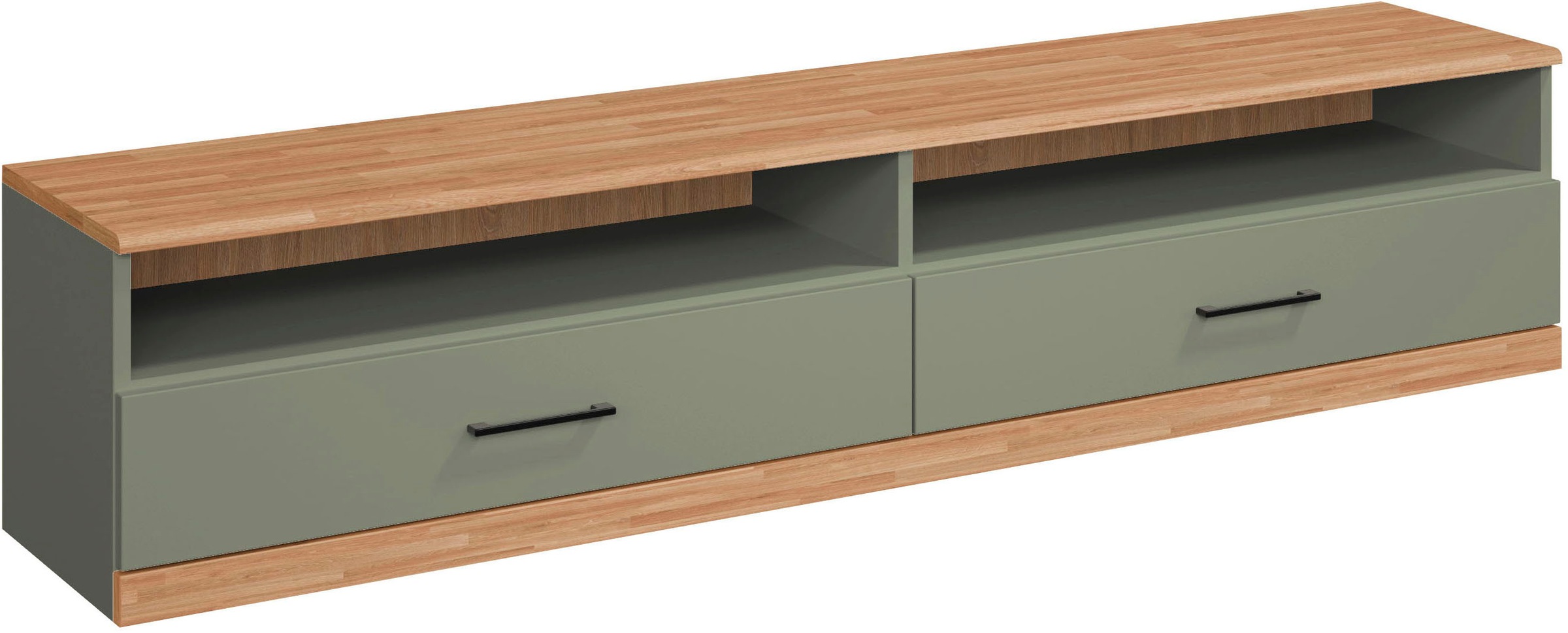 Home affaire Lowboard »Ribe,140cm breit,38cm hoch mit 2 Klappen,Oberplatte aus Massivholz«, Eiche massiv,Melamin in Salbeigrün,schwarze Metall Griffe