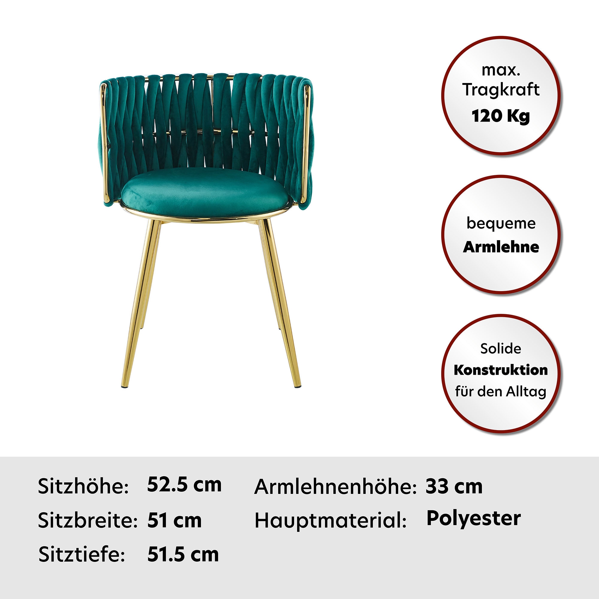 Kayoom Polsterstuhl »Stuhl Melly 125 2er-Set,tolles Design der Rückenlehne, runde Sitzfläch« (Set) 2 Stk.ausgefallen geflochtene Rückenlehne, Samtbezug, goldene Beine