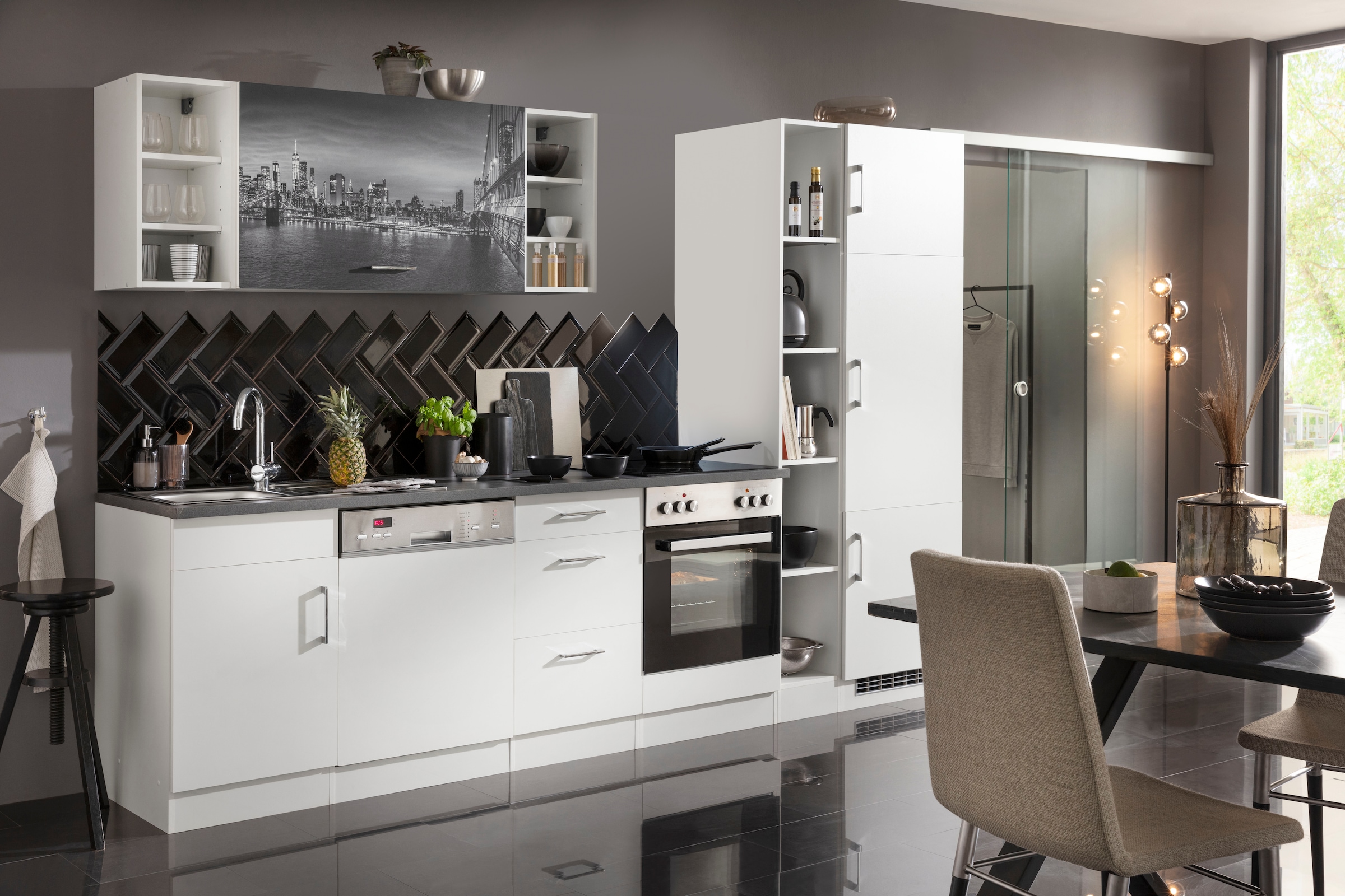 KOCHSTATION Küchenzeile »KS-Paris – Küchen mit einzigartigen Fotomotiven auf den Fronten« Breite 310 cm, wahlweise mit E-Geräten, mit Motivdruck