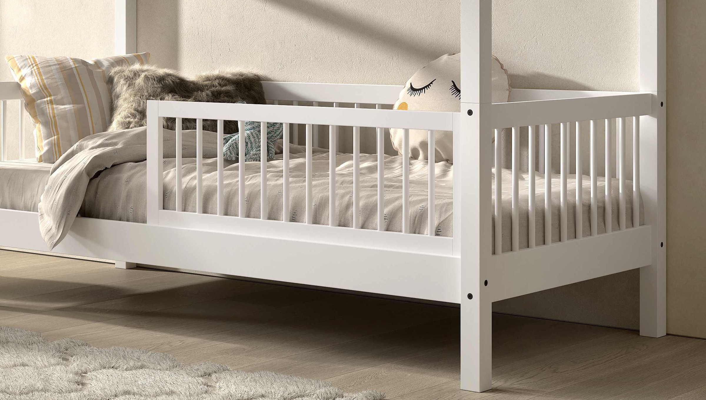 Home affaire Daybett »Forrest 90/200 aus massiver Buche stabil gebaut, weiß lackiert«, mit Sprossenumrandung, Rausfallschutz vorne, ohne o. mit Bettschublade