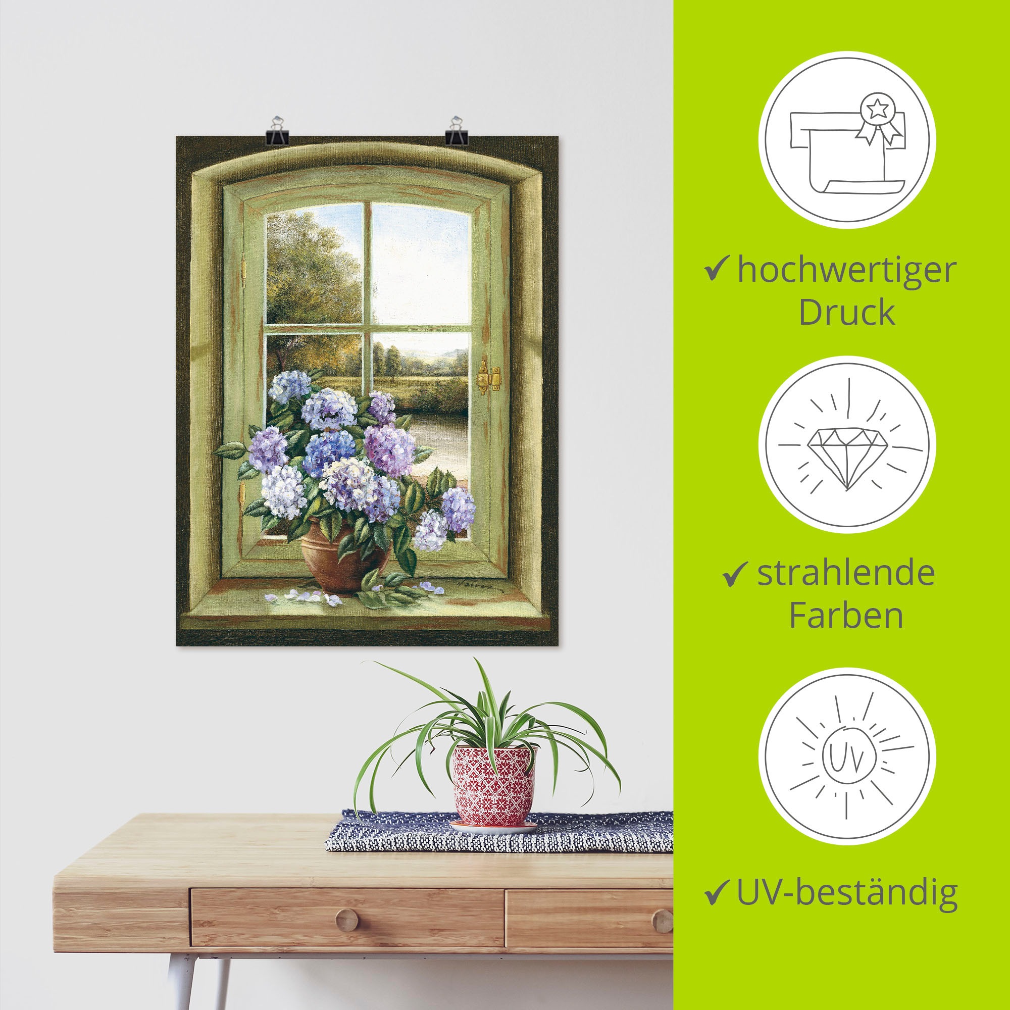 Artland Wandbild »Hortensien am Fenster«, Arrangements, (1 St.), als Alubild, Outdoorbild, Leinwandbild, Poster, Wandaufkleber