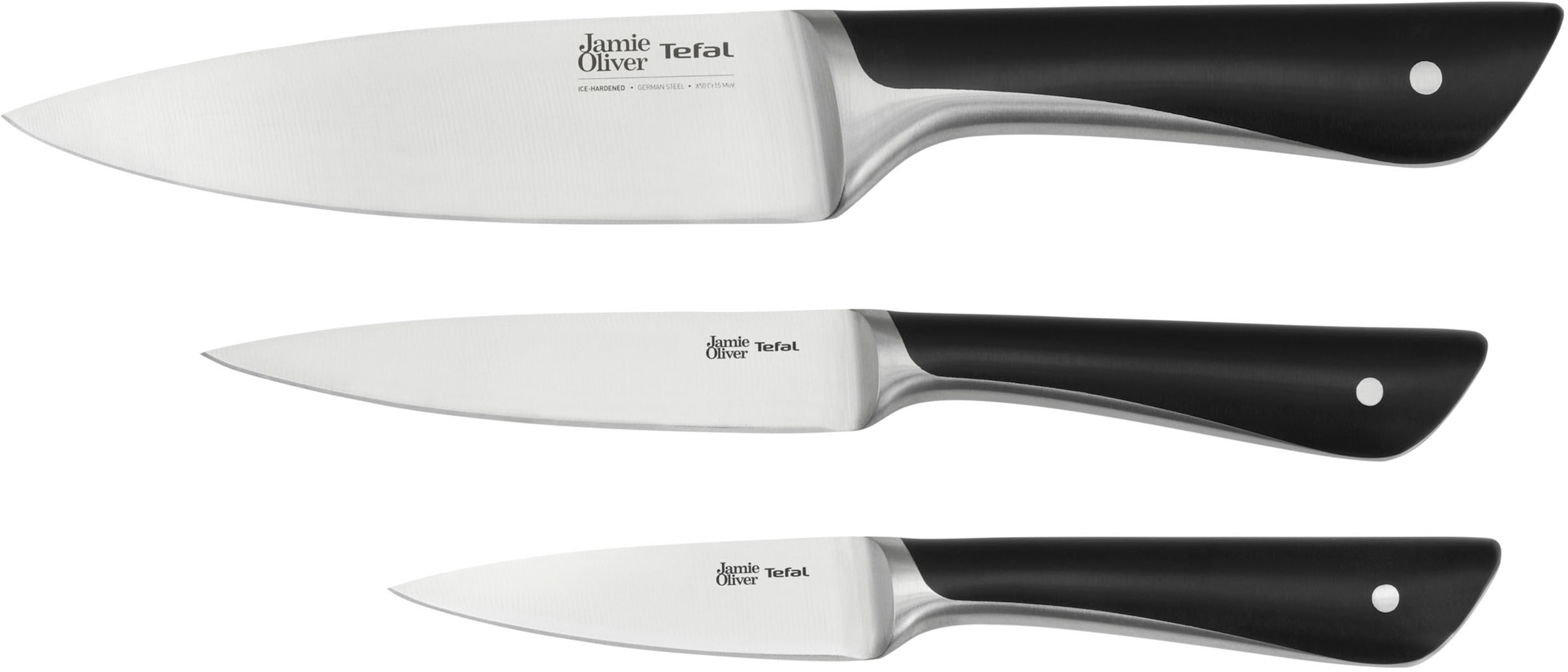 Tefal Messer-Set »K267S3 Jamie Oliver«, (Set, 3 tlg., Kochmesser 15 cm, Universalmesser 12 cm, Schälmesser 9 cm), hohe Leistung, unverwechselbares Design, widerstandsfähig/langlebig