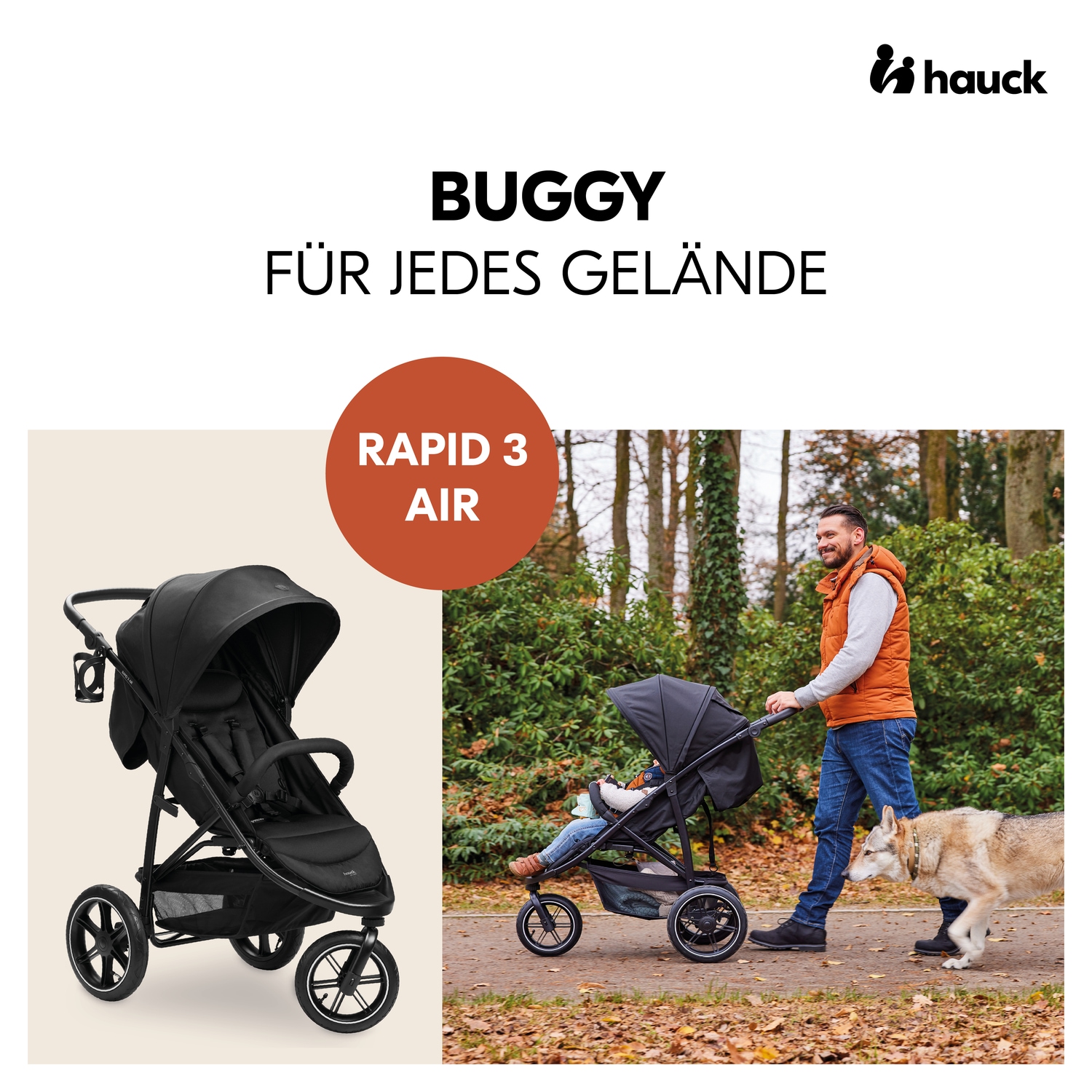 Hauck Kinder-Buggy »Dreiradbuggy, Rapid 3 Air, black«, 22 kg, mit schwenk/feststellbarem Vorderrad; Lufträder; bis 22 kg belastbar