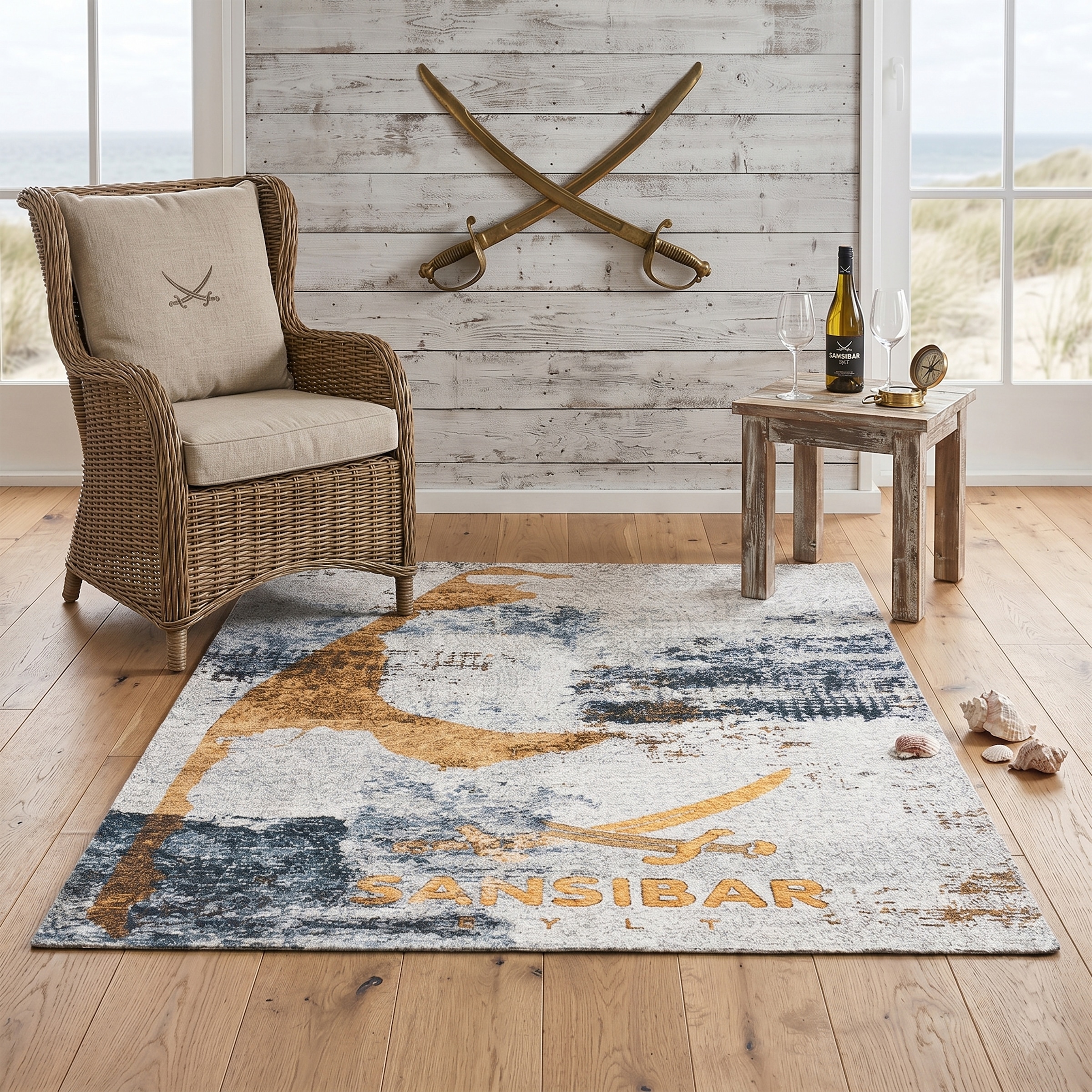 Sansibar Teppich »Keitum 012« rechteckig 3 mm Höhe Flachgewebe, modernes Design, Motiv Sylt & gekreuzte Säbel