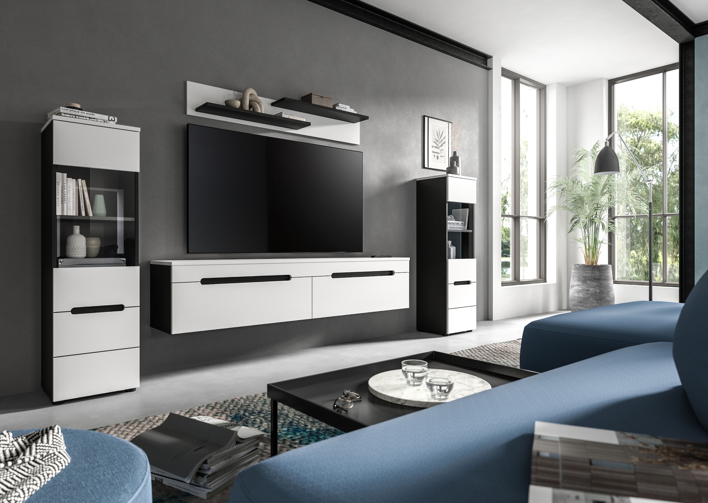 Home affaire Wohnwand »REHAT, TOPSELLER!, 4-teilig, wahlweise stehend und hängend montierbar« Set bestehend aus: 2x Vitrine, Lowboard und Wandboard, 3 Stk. tlg.