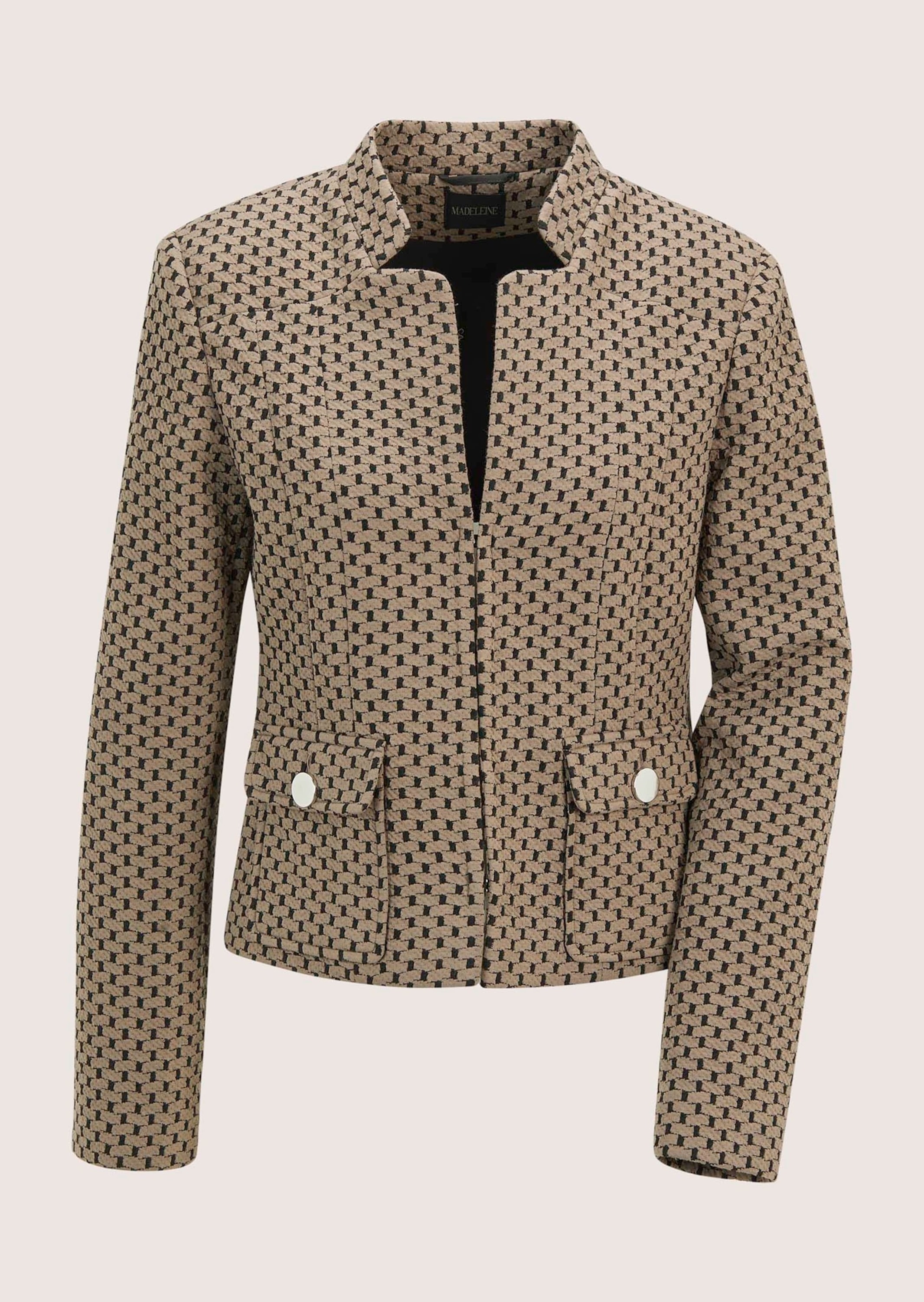 MADELEINE, Damen, Jackenblazer »Jacquardblazer Stilvoller Kurzblazer mit grafischem Muster« Jersey Jaquard, taupe / schwarz, 36, taupe / schwarz, 