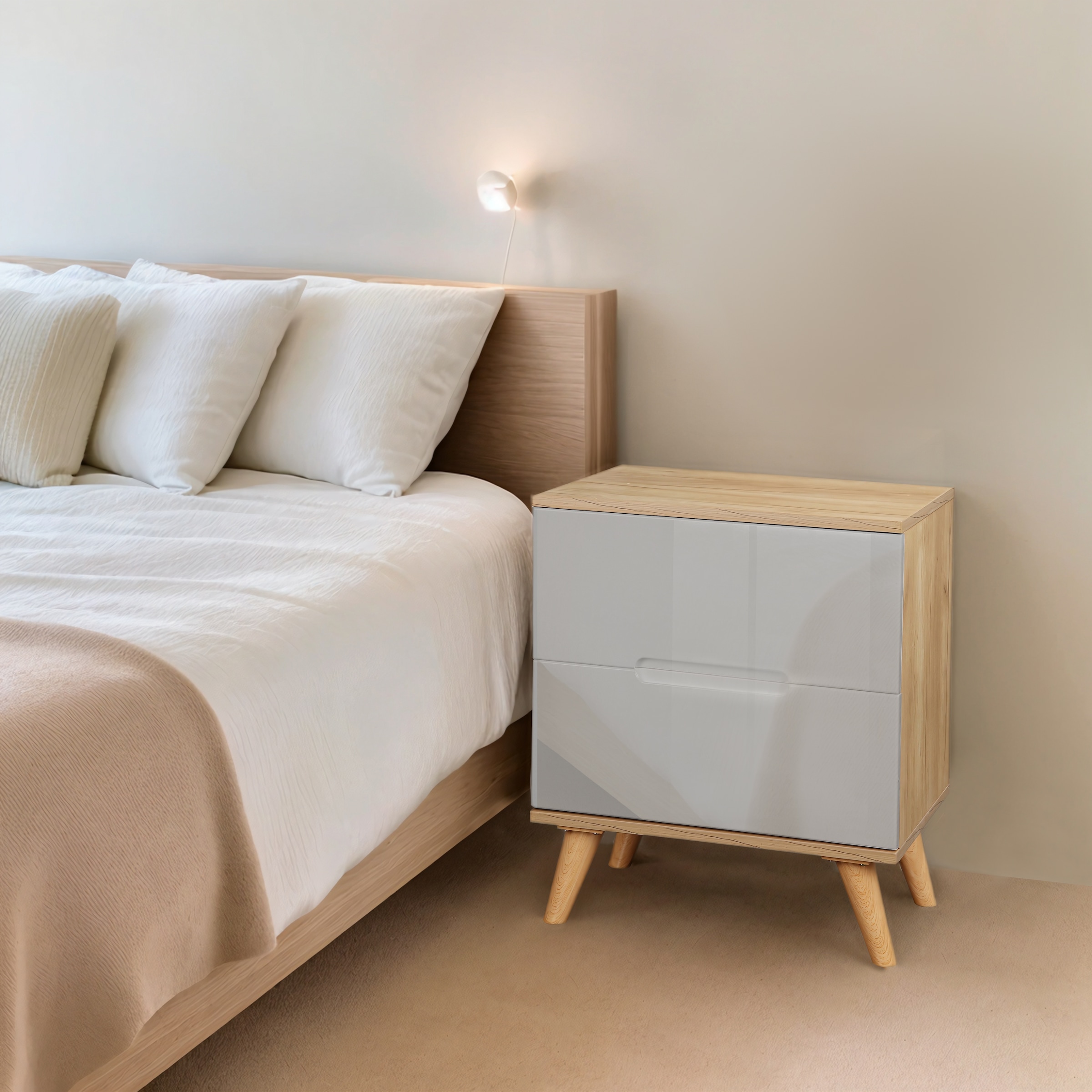 andas Nachtschrank »Lund Nachttisch Beistellschrank Kommode mit Hochglanzfronten«, Nachtkommode mit 2 Schubladen Bestseller im skandinavischem Design