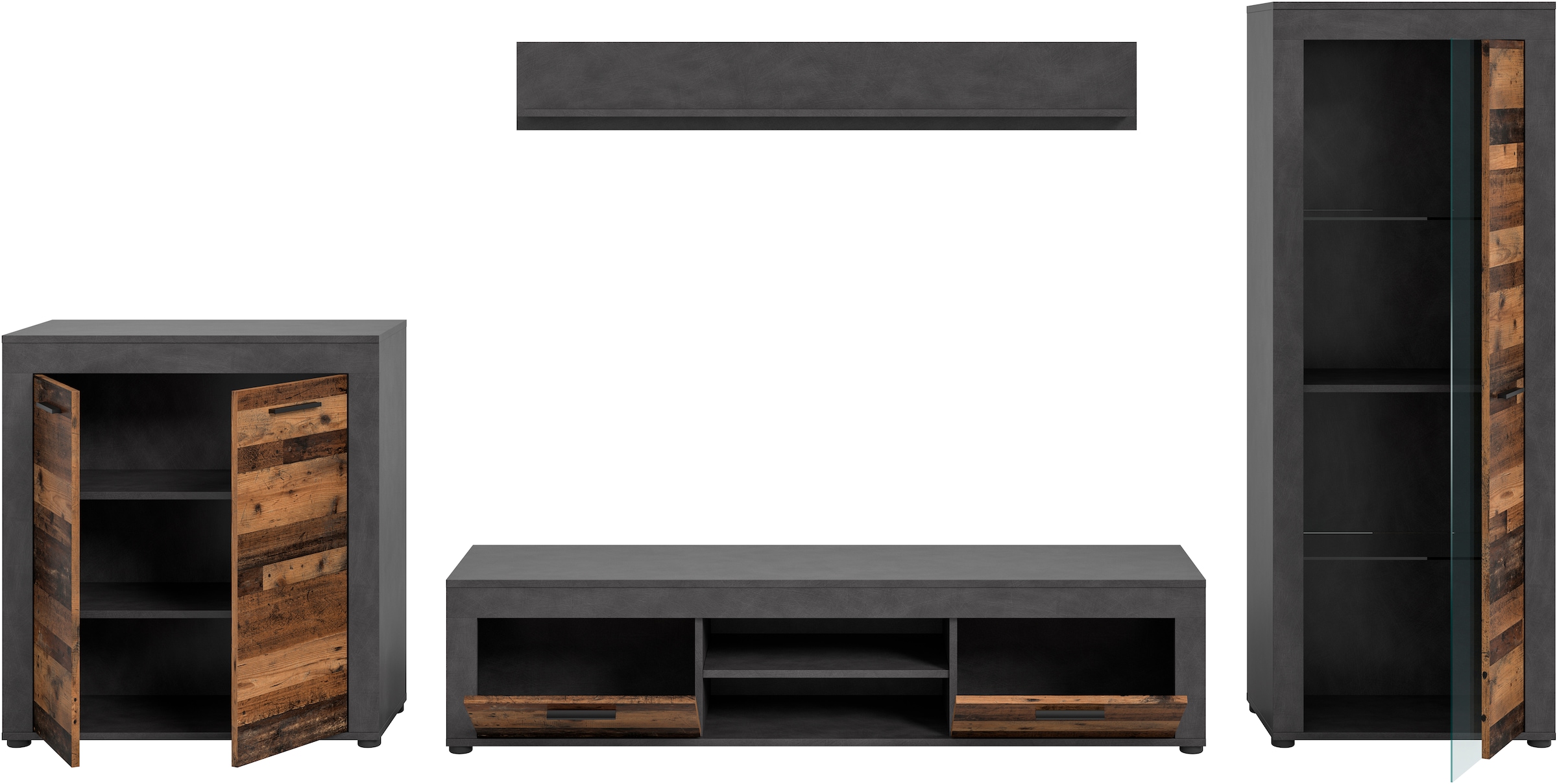 INOSIGN Wohnwand »Aosta, Breite 330cm, best. aus Highboard, Lowboard, Wandboard, Vitrine«, (4 St.), Wohnwand, Kombination, Anbauwand, Möbel Set, Schrankwand, Möbel Kombi