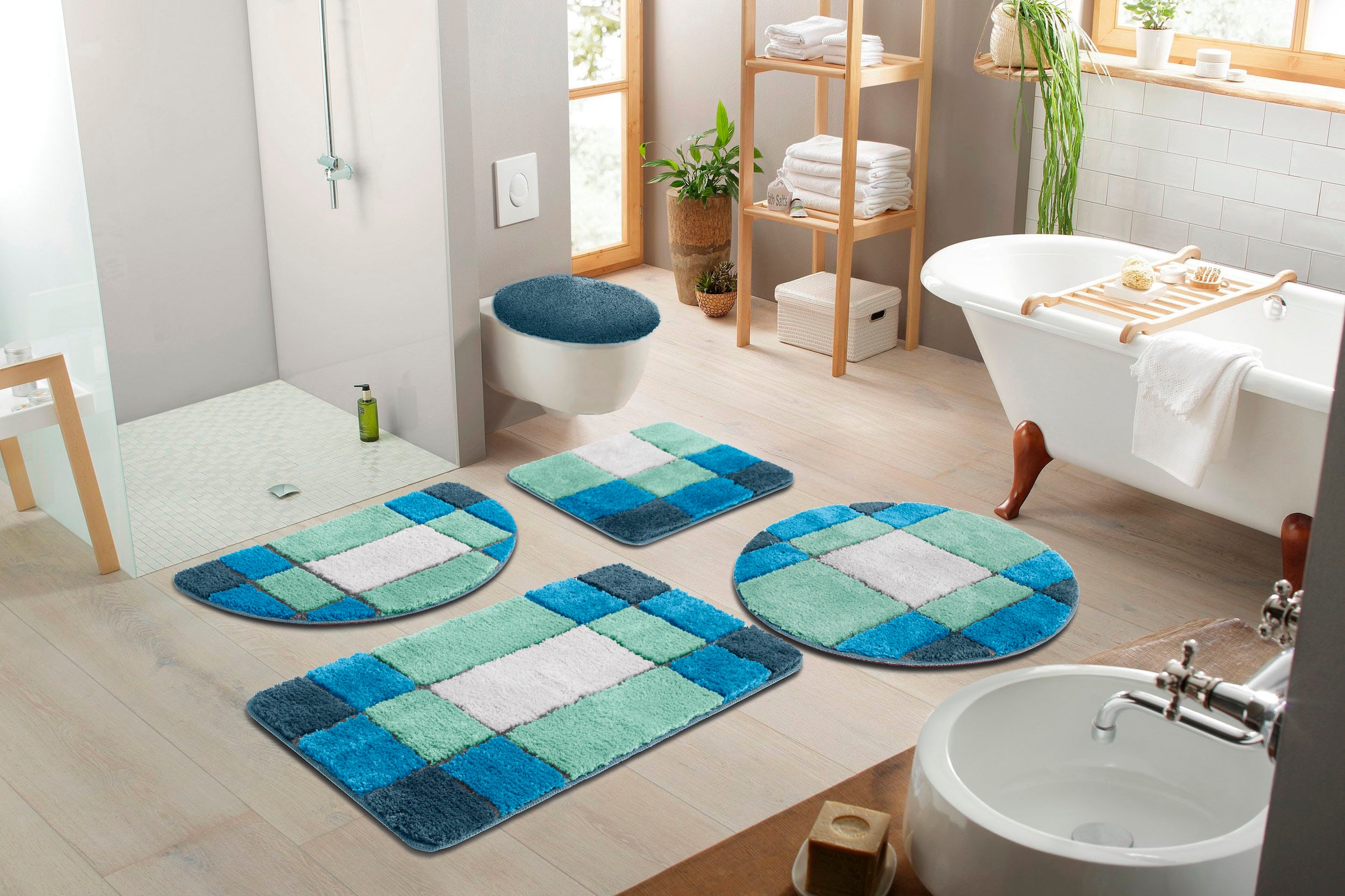 my home Badematte »Pia«, rutschhemmend beschichtet, strapazierfähig-fußbodenheizungsgeeignet-schnell trocknend, Badteppich, karierte Badematten, rechteckig, rund & als 3-tlg. Set