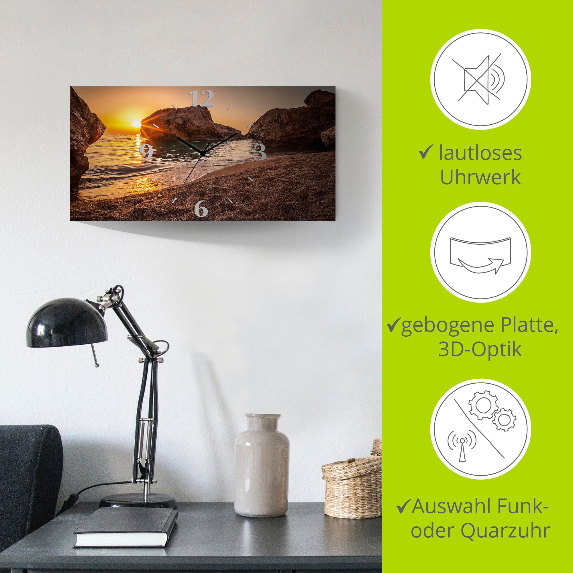 Artland Wanduhr »Sonnenuntergang und Strand«, 3D Optik gebogen, mit Quarz- oder Funkuhrwerk, versch. Größen