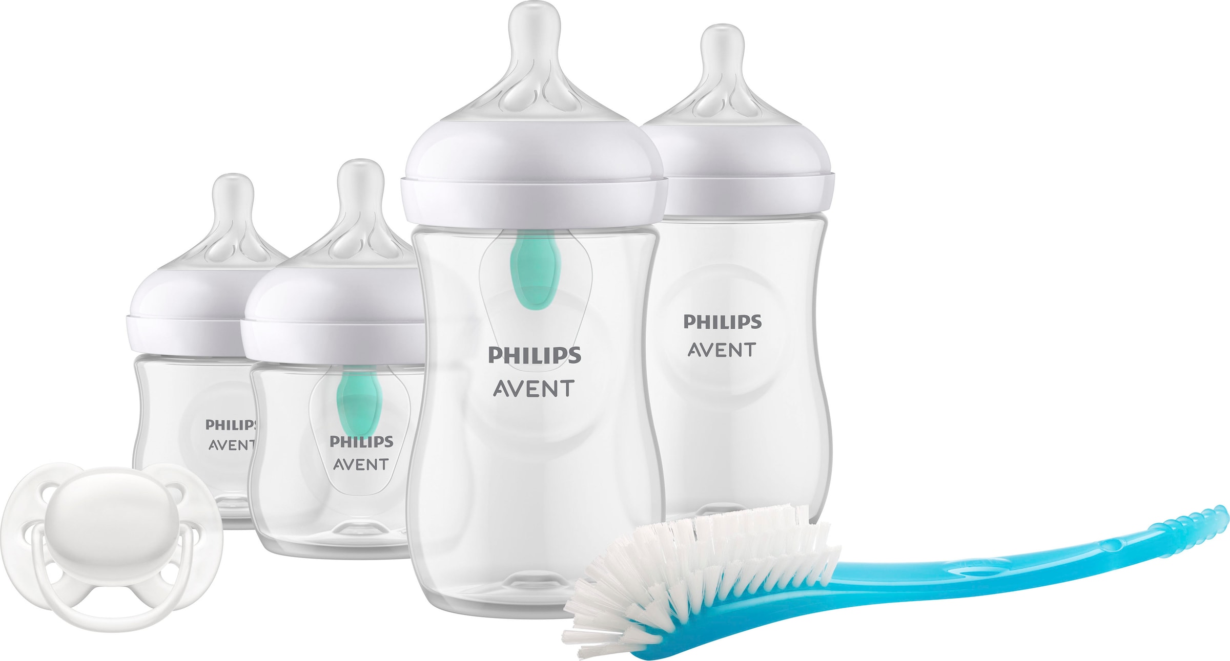 Philips AVENT Babyflasche »Natural Response Flaschen-Set Air-Free Ventil SCD657/11«, 4 Flaschen mit AirFree-Ventil, ultra soft Schnuller, Flaschenbürste