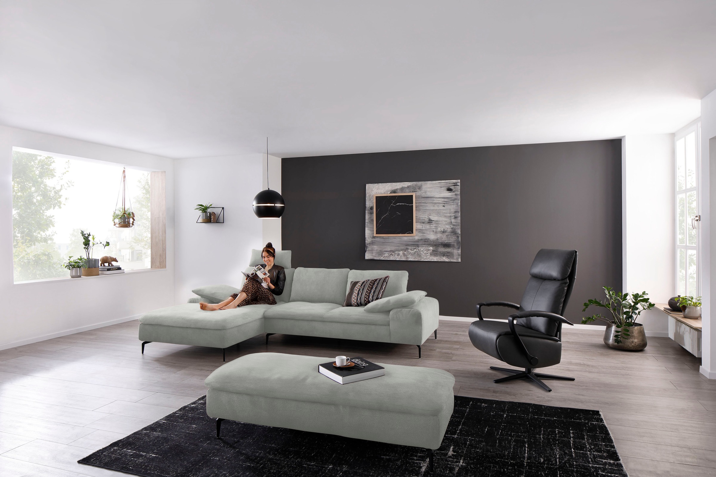 W.SCHILLIG Ecksofa »valentinoo, Designsofa, bequem, elegant und zeitlos, L-Form«, (Set), inklusive Hocker, mit Sitztiefenverstellung, Breite 299 cm