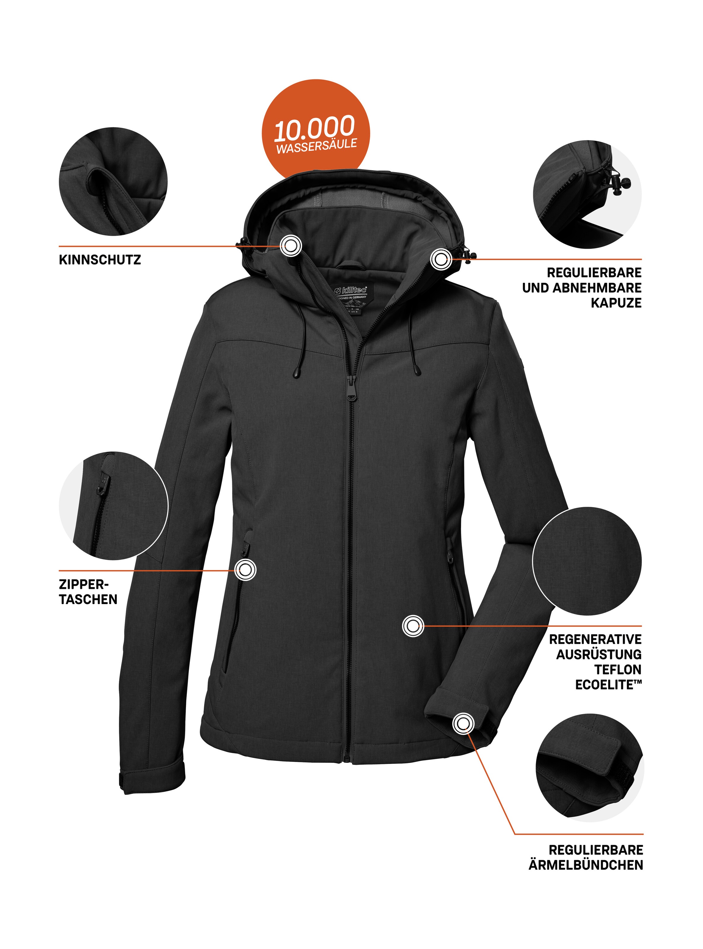 Killtec Softshelljacke »Damen Softshelljacke« Wasserabweisende, winddichte Softshelljacke mit abnehmbarer Kapuze