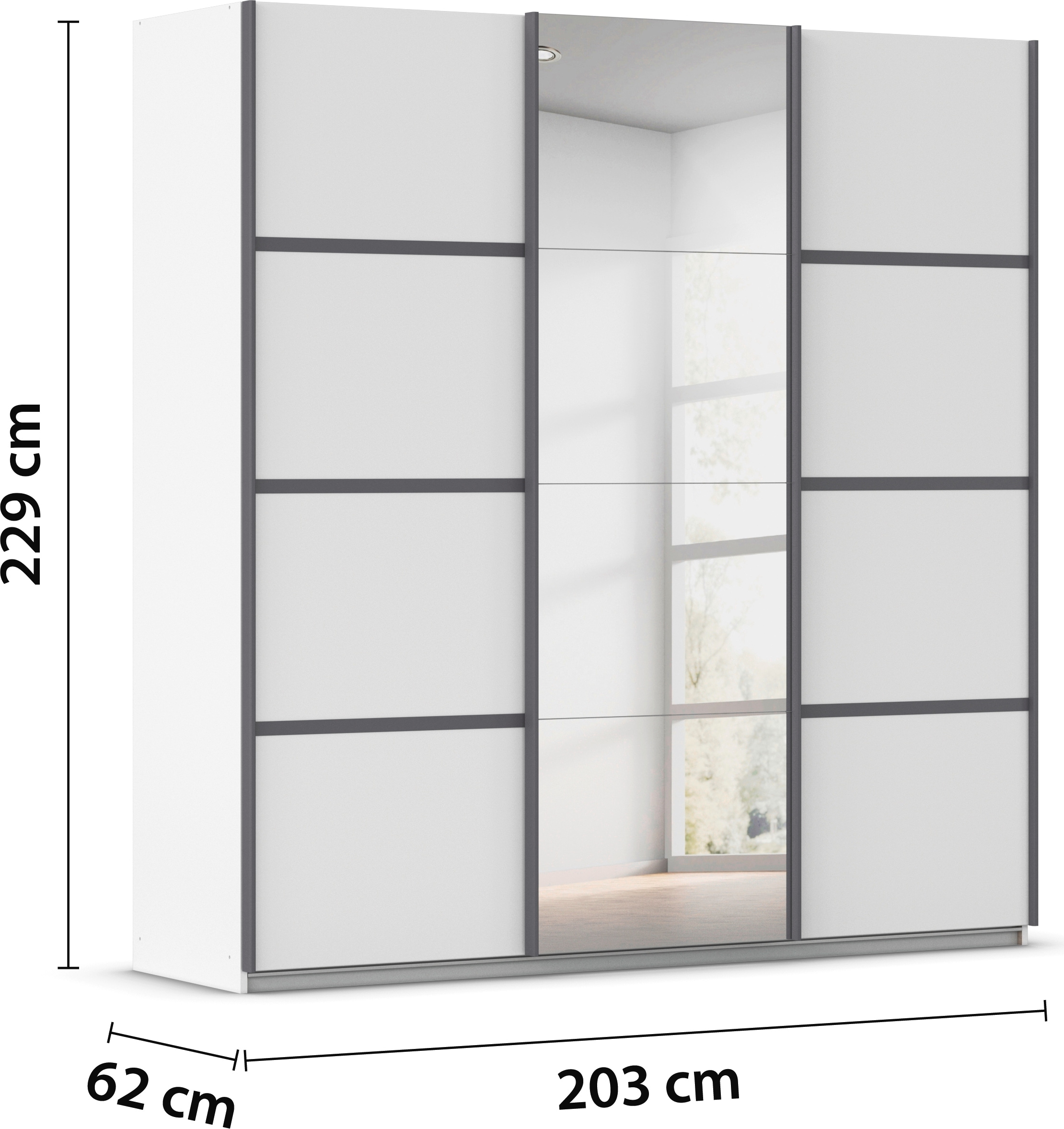 rauch Kleiderschrank »Schwebetürenschrank OTTO´s Choice Garderobe Schrank TOP ANGEBOT Avola«, (in 3 verschiedenen Ausstattungen BASIC/CLASSIC/PREMIUM inkl. Spiegel), mit eleganten Zierleisten in Chrom, Schwarz oder Weiß MADE IN GERMANY
