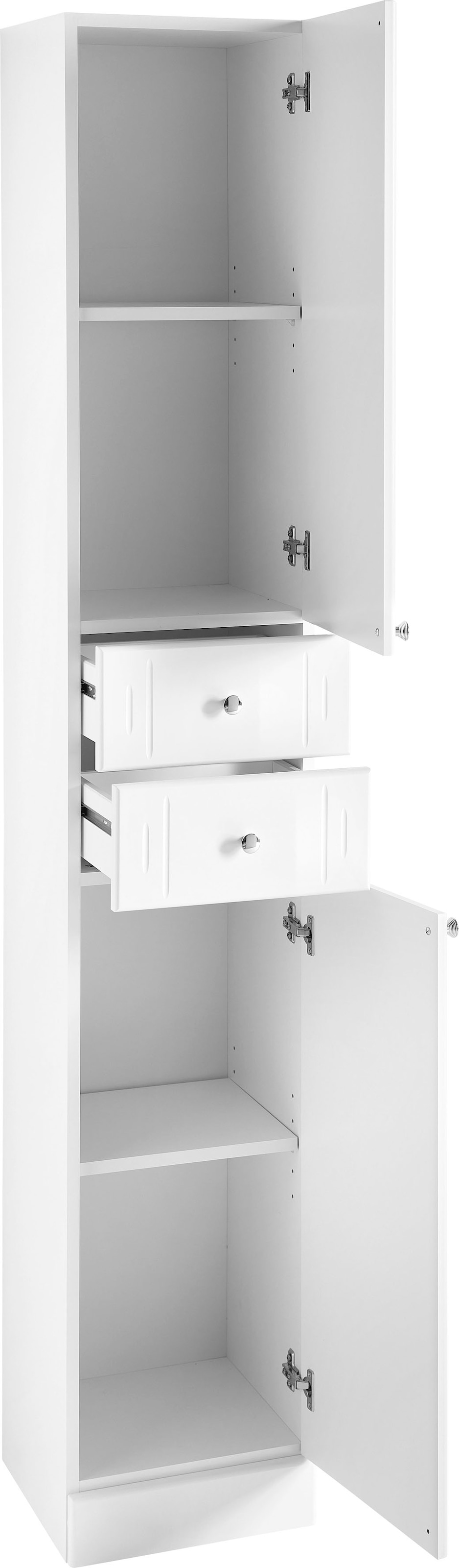 Saphir Hochschrank »Quickset 955 Badschrank, 32,5 cm breit, 2 Türen, 2 Schubladen« Badezimmer-Hochschrank inkl. Türdämpfer, Griffe in Chrom glänzend