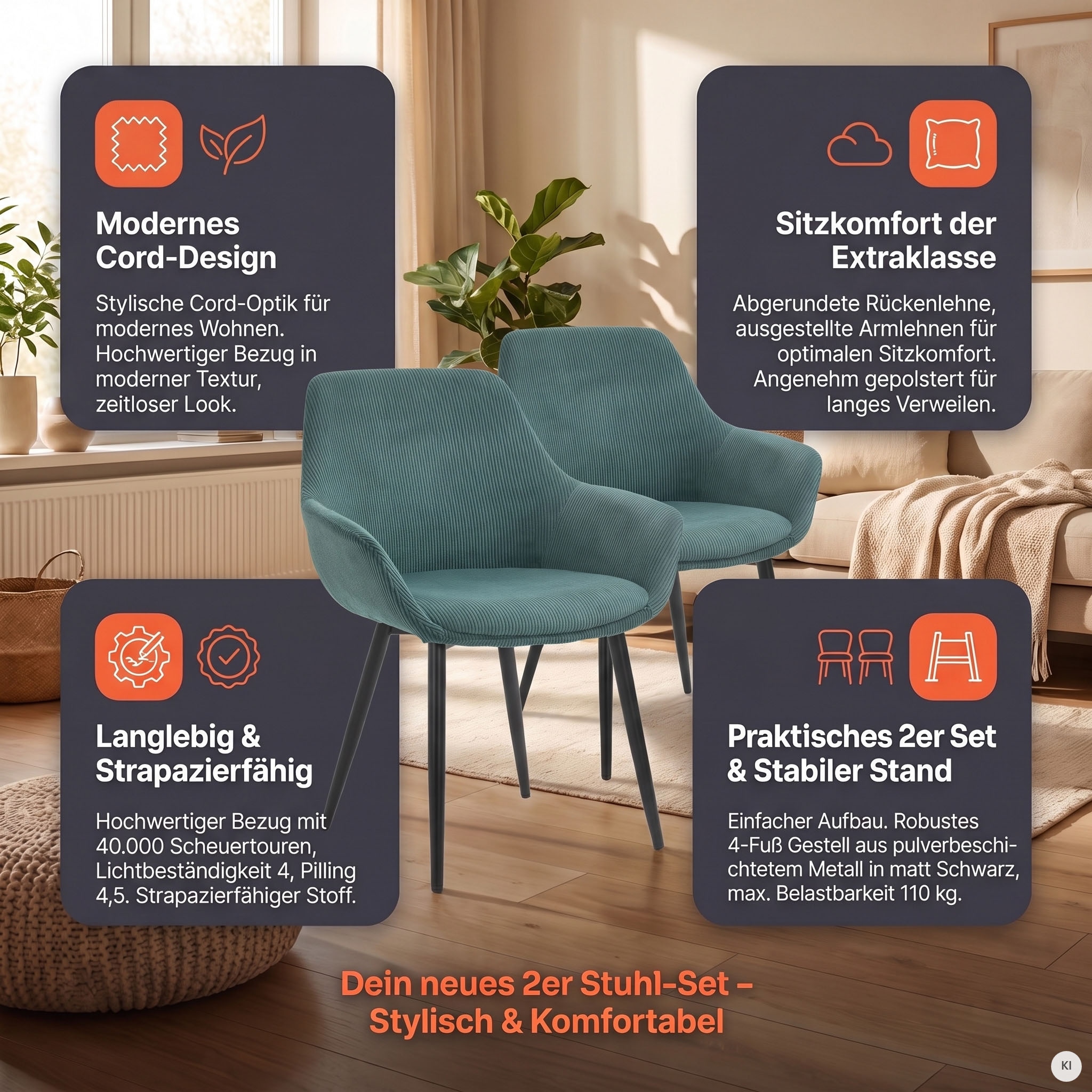 SalesFever Armlehnstuhl »Komfortabler Esszimmerstuhl im zeitlosen Design« (Set) 2 Stk.Bezug in Cord-Optik