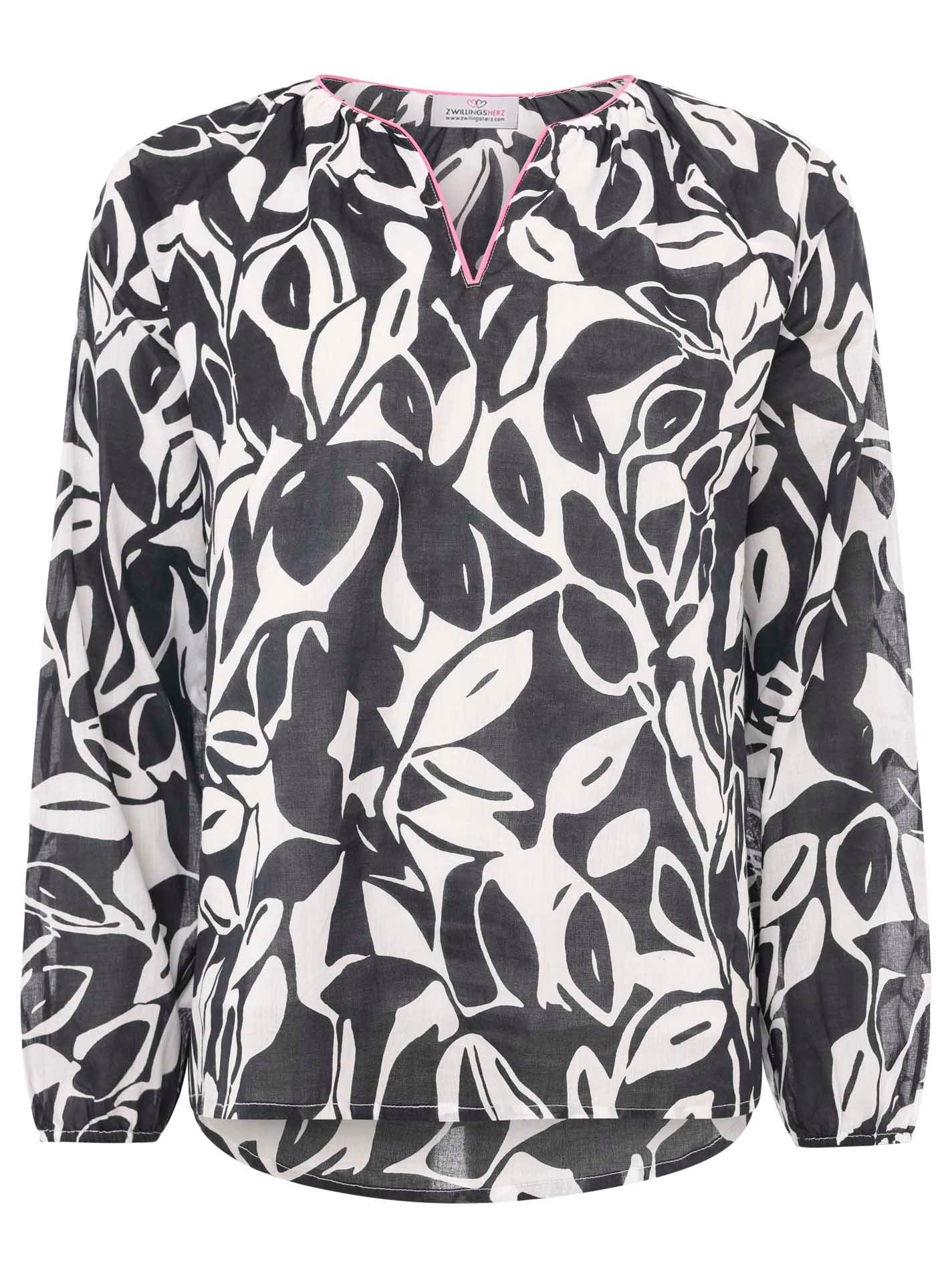 Zwillingsherz Shirtbluse »"Blätter Zweifarbig"«, mit Blätter-Motiv und neonfarbiger Kante am Halsausschnitt