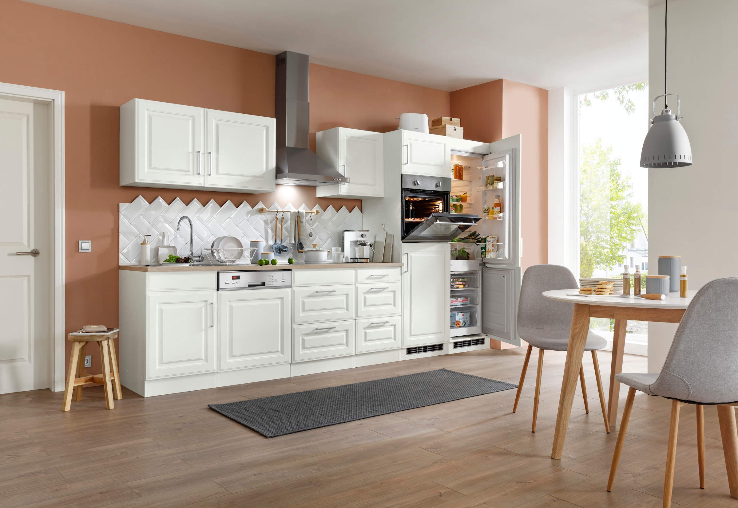 KOCHSTATION Küchenzeile »KS-Stockholm – Küche mit hochwertiger und detailreicher Landhausfront« Breite 340 cm, wahlweise mit E-Geräten,mit MDF-Fronten