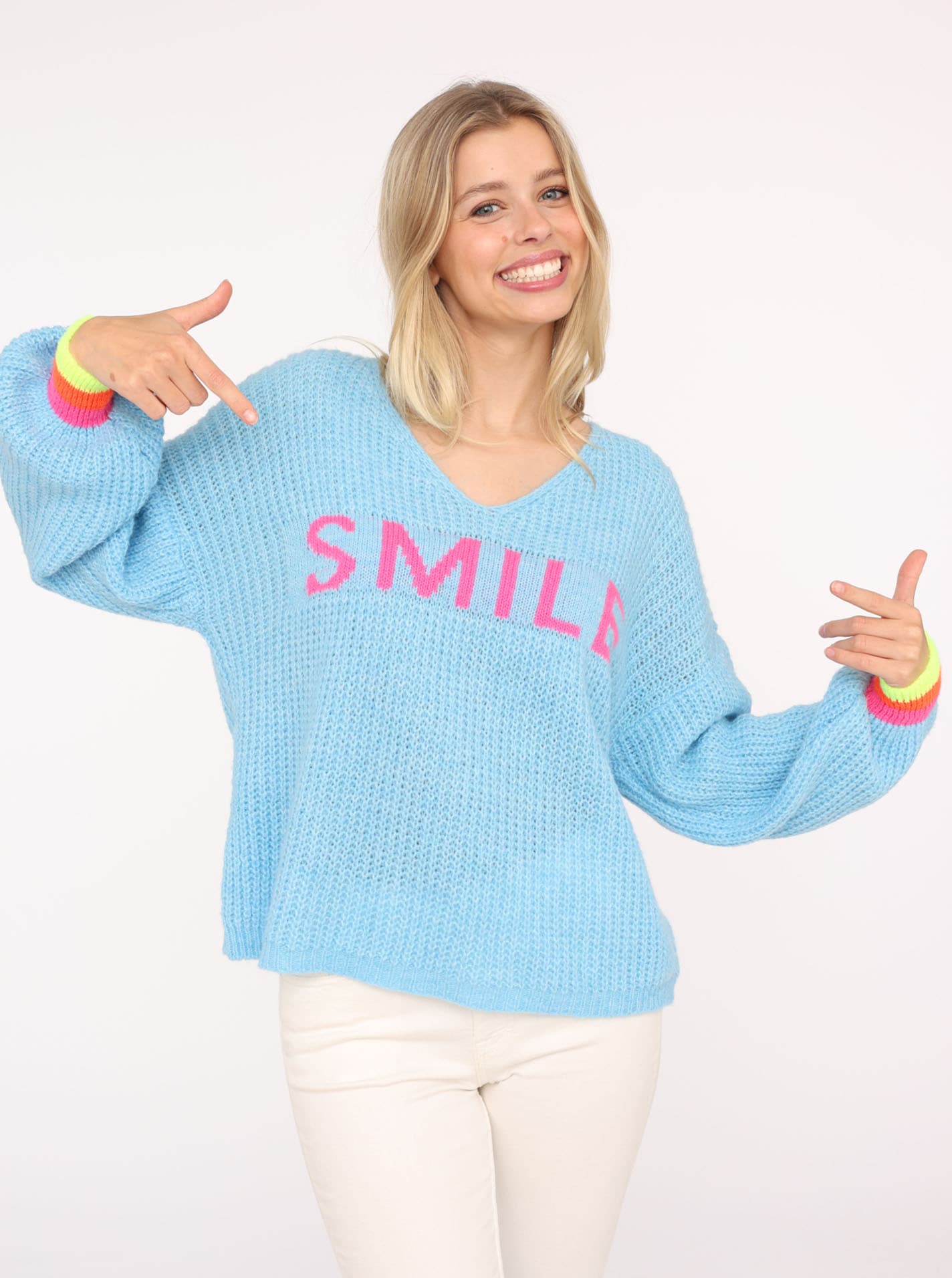 Zwillingsherz Strickpullover »"Smile"«, Langarm, One Size, V-Ausschnitt, Neon-Details, Schriftzug
