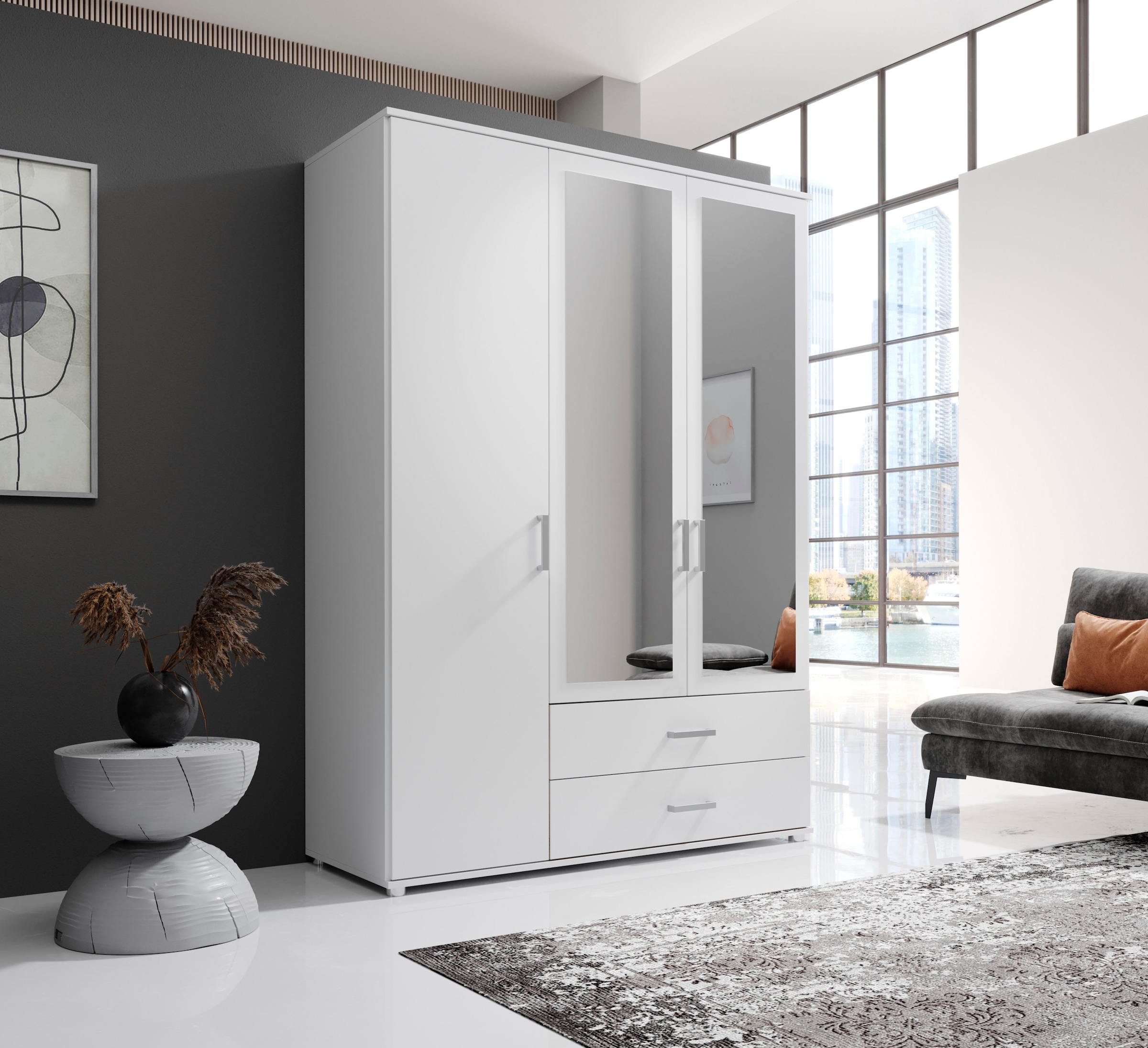 Schlafkontor Drehtürenschrank »Ivar Kleiderschrank mit Spiegel« inklusive 2 Spiegeltüren und 2 farblich abgesetzten Schubkästen